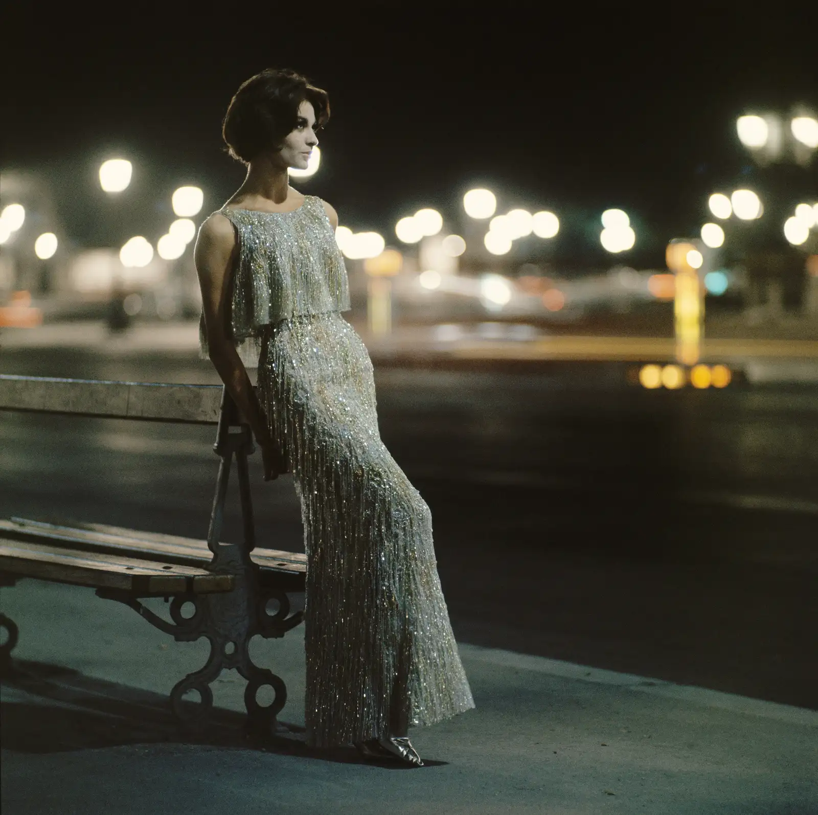Mark Shaw, Photographed for Dior, silver sequin dress at night