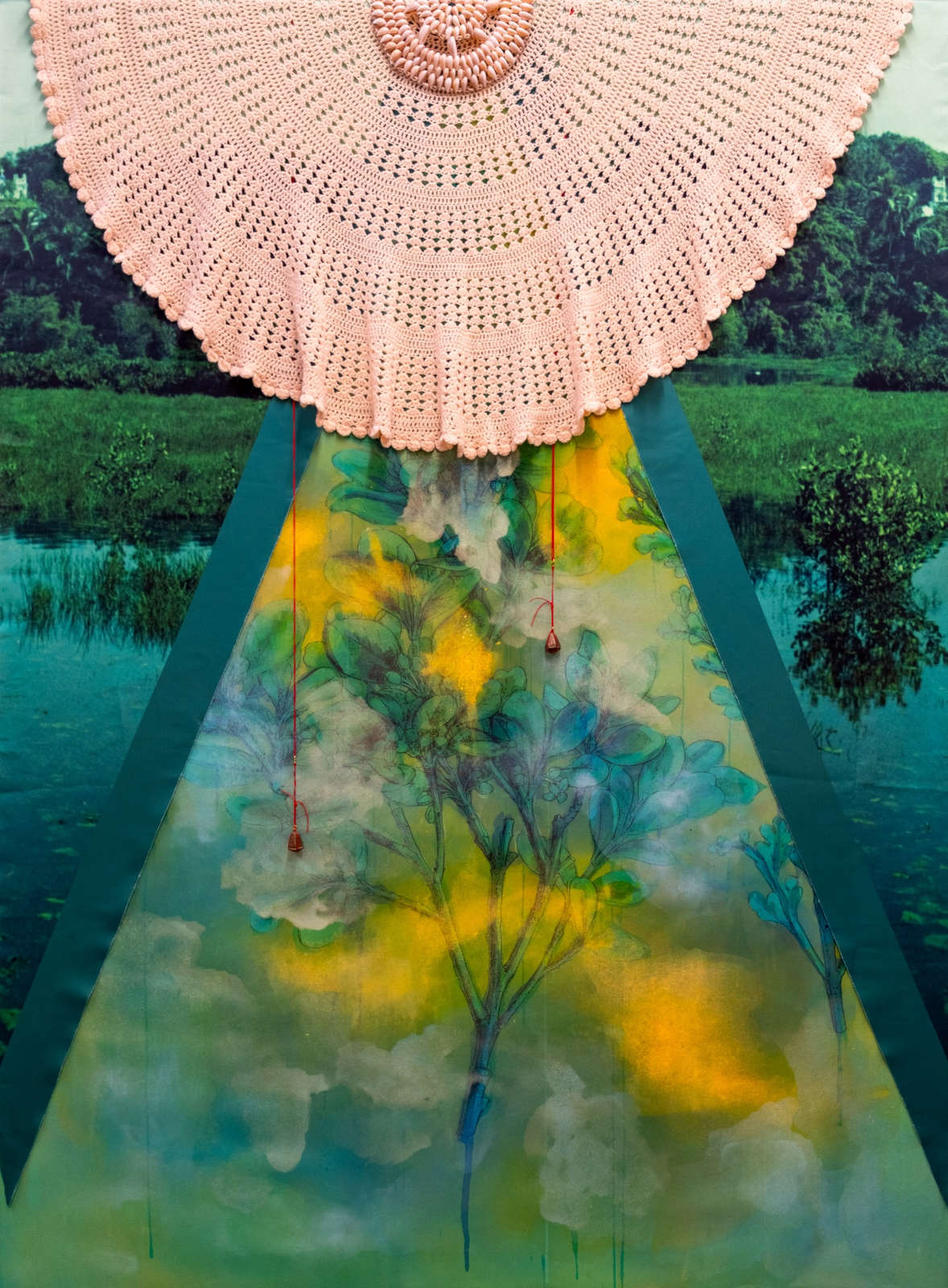 Shiraz Bayjoo, 'Pa Bliye Mwa (Don&rsquo;t Forget Me)', Two, 2024, Acrylic on Panama fabric, satin print, crochet cloth, satin cord, brass botanical seeds, woven sea shells, 190 x 140 cm. Courtesy of the Artist and Copperfield, London.