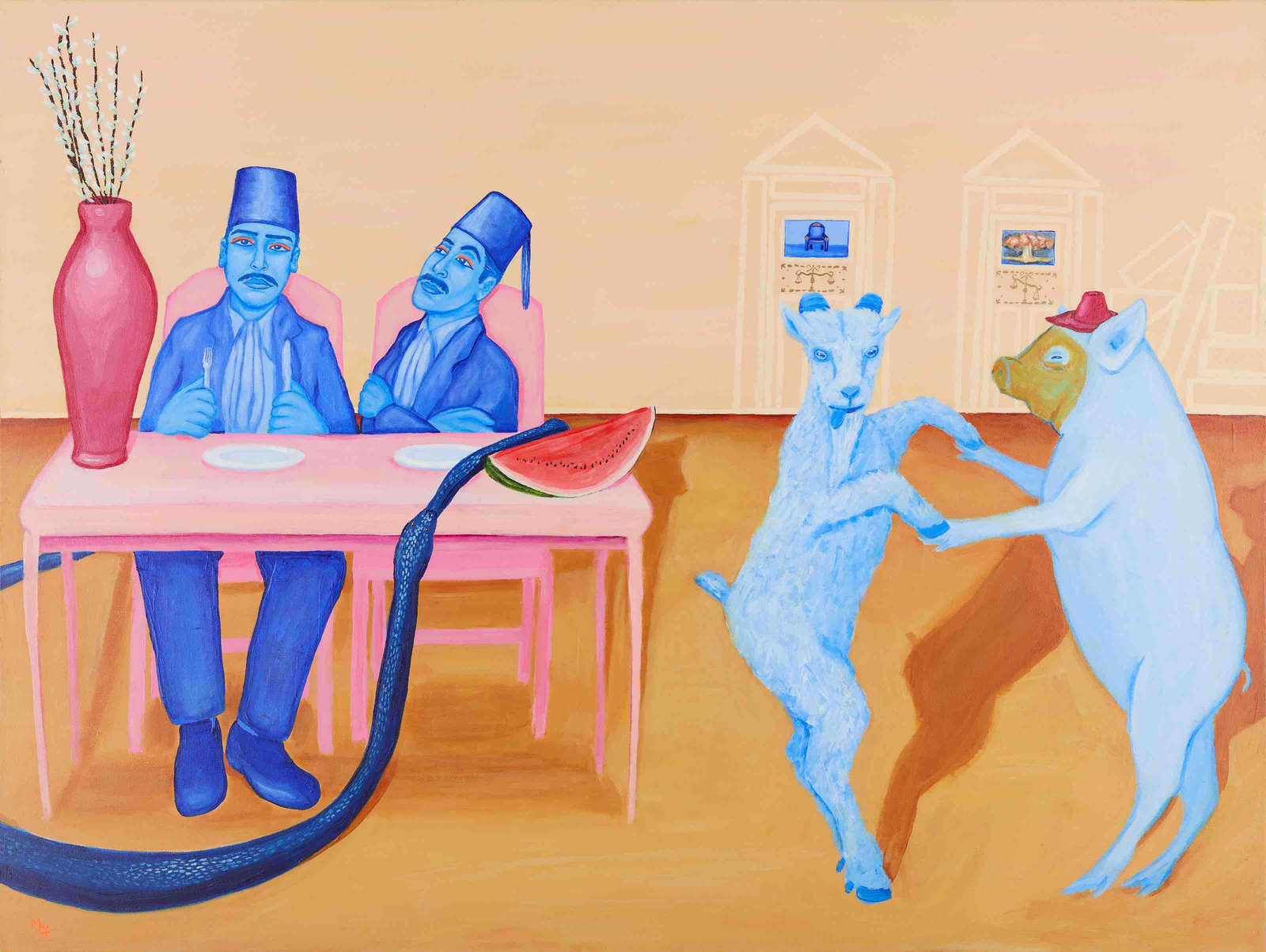 Massoud Hayoun, 'Sick of foul, I'll take the goat', 2024, Acrylic on canvas, 91.4 x 121.9 cm. Courtesy of the artist and Larkin Durey.