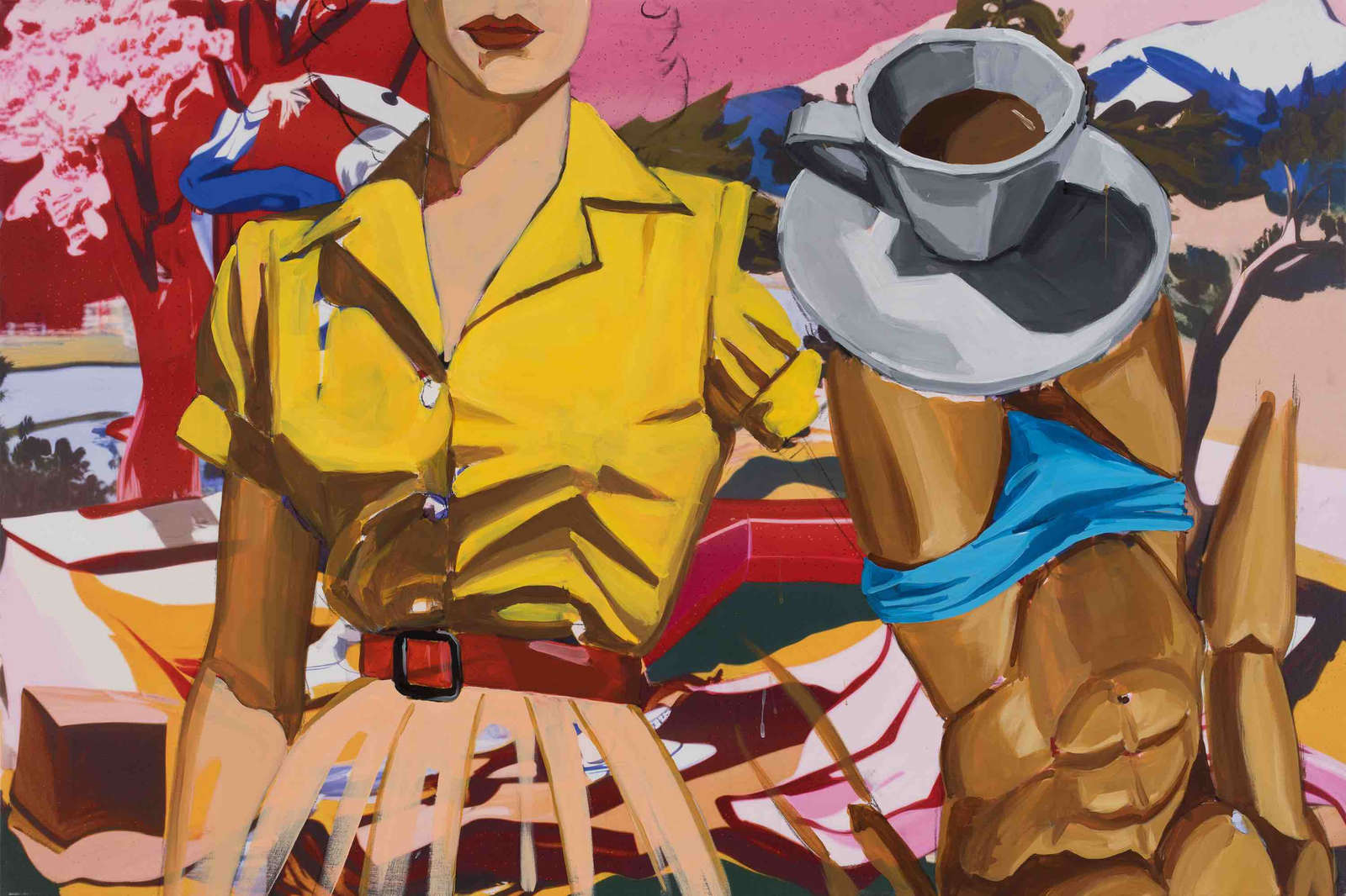 David Salle, 'Blue Trunks', 2025, Oil, acrylic, flashe, and charcoal on archival UV print on linen, 101.6 x 152.4 x 3.81 cm. Courtesy of the artsit and Thaddaeus Ropac gallery, London. Photo: John Behrens