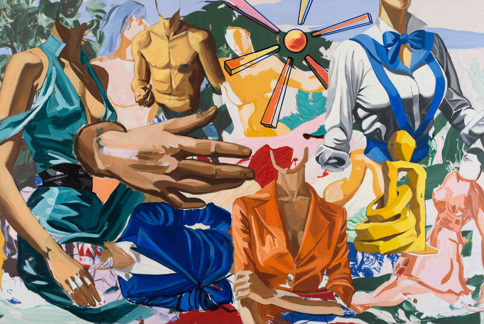 David Salle, 'Suspenders', 2025, oil, acrylic, flashe, and charcoal on archival UV print on linen, 182.88 x 274.32 x 3.81 cm. Courtesy of the artsit and Thaddaeus Ropac gallery, London. Photo: John Behrens