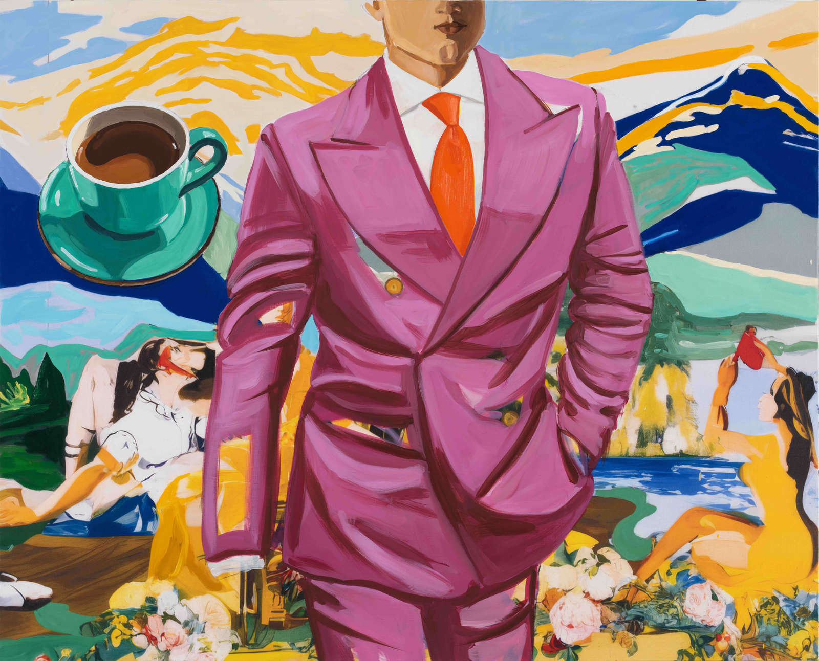 David Salle, 'Power Suit', 2025, Oil, acrylic, flashe, and charcoal on archival UV print on linen, 104.14 x 132.08 cm. Photo by John Behrens. Courtesy of the artsit and Thaddaeus Ropac gallery, London. Photo: John Behrens