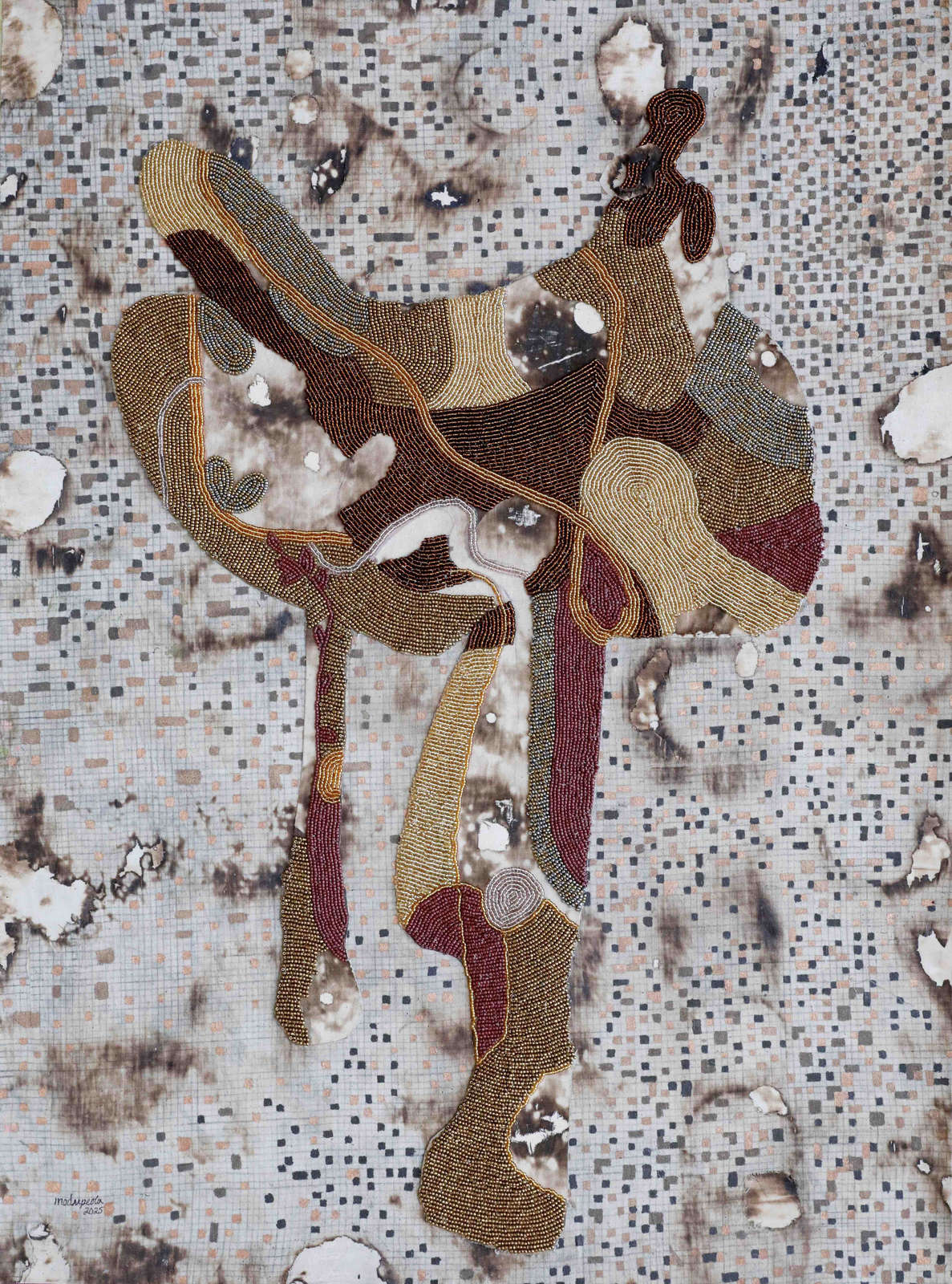 Modupeola Fadugba, The King&rsquo;s Seat, 2025, Acrylic, graphite and beads on burned Canvas, 96.52 x 71.12cm. Courtesy of the artist and Gallery 1957