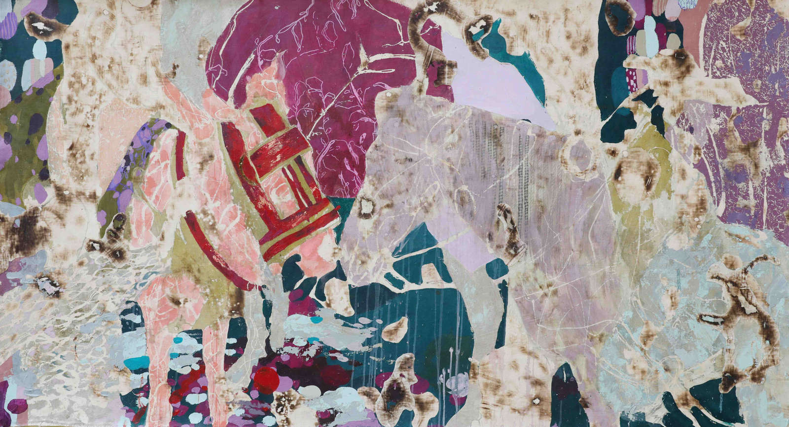 Modupeola Fadugba, &rsquo;The Kiss&rsquo;, 2025, Acrylic, graphite and ink on burned Canvas, 182.88 x 99.06cm. Courtesy of the artist and Gallery 1957