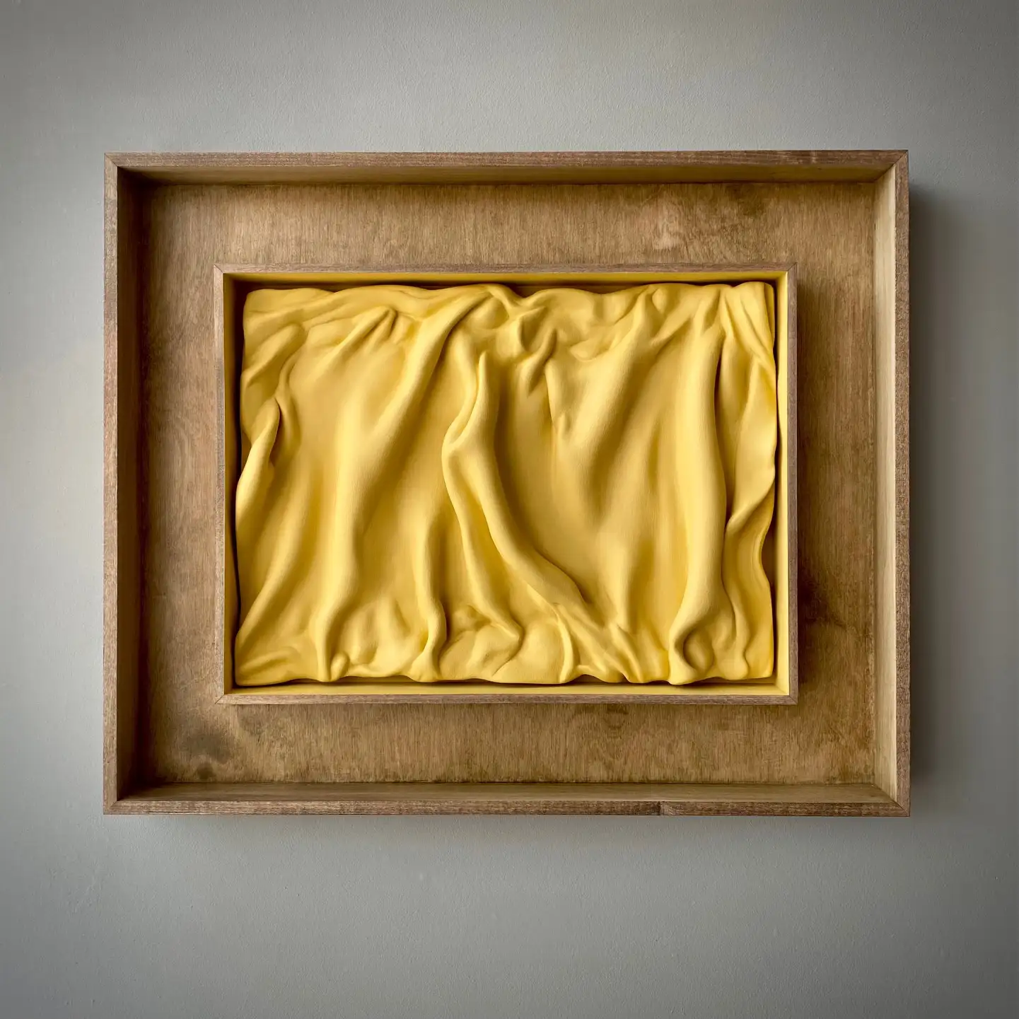 Richard Stone, wrapped in sunlight, 2022, keramiplast, paint, hand finished tulip wood frame, light and dark oak finish, 47x57x6cm