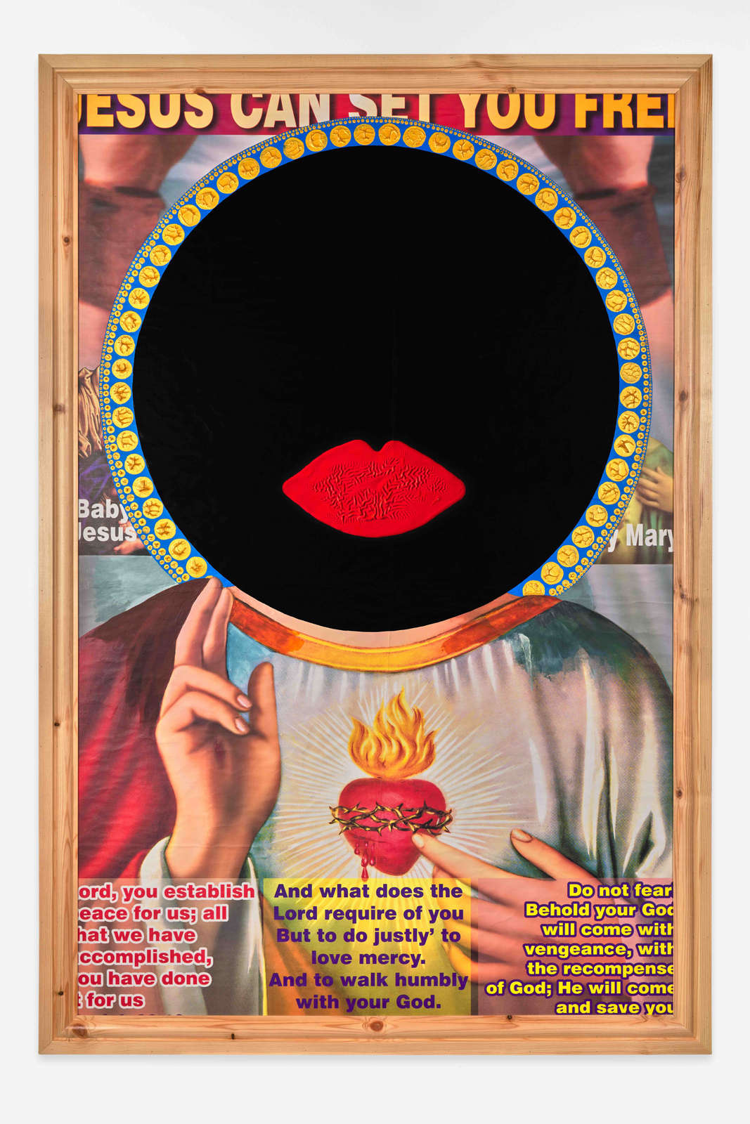 Larry Achiampong, 'Mea Culpa', 2023. Acrylic, varnish, poster, wooden frame on panel, 145.5 × 98 × 7 cm. Courtesy of the artist and Copperfield, London. Photo credit: Reece Straw.