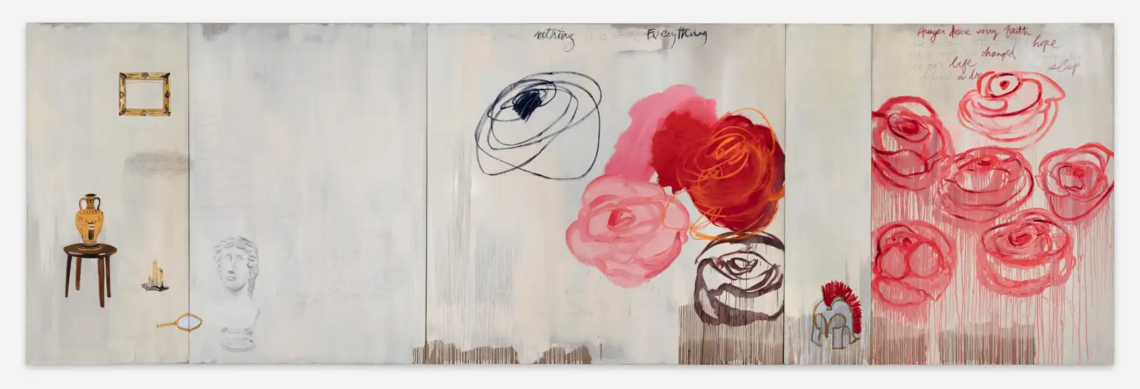 Victoria Cantons, 'Untitled (An Anatomy of the Space Between)', 2023. Beeswax, charcoal, oil, pastel, pencil and wax crayon on linen, 200 x 635 x 3.7 cm.