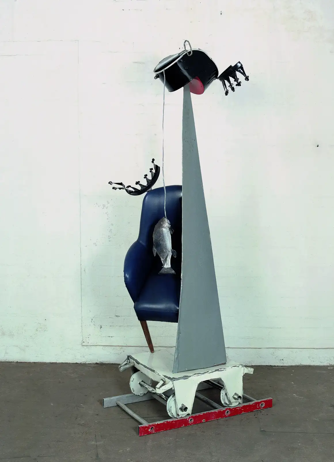 Bill Woodrow, 'Half King, Whole Fish', 1988, car bonnet, steel locker, metal hat box, aluminium, ladder, chair, enamel paint, 87 x 55 x 30 3/4 in / 221 x 140 x 78 cm, Our ref. B41985