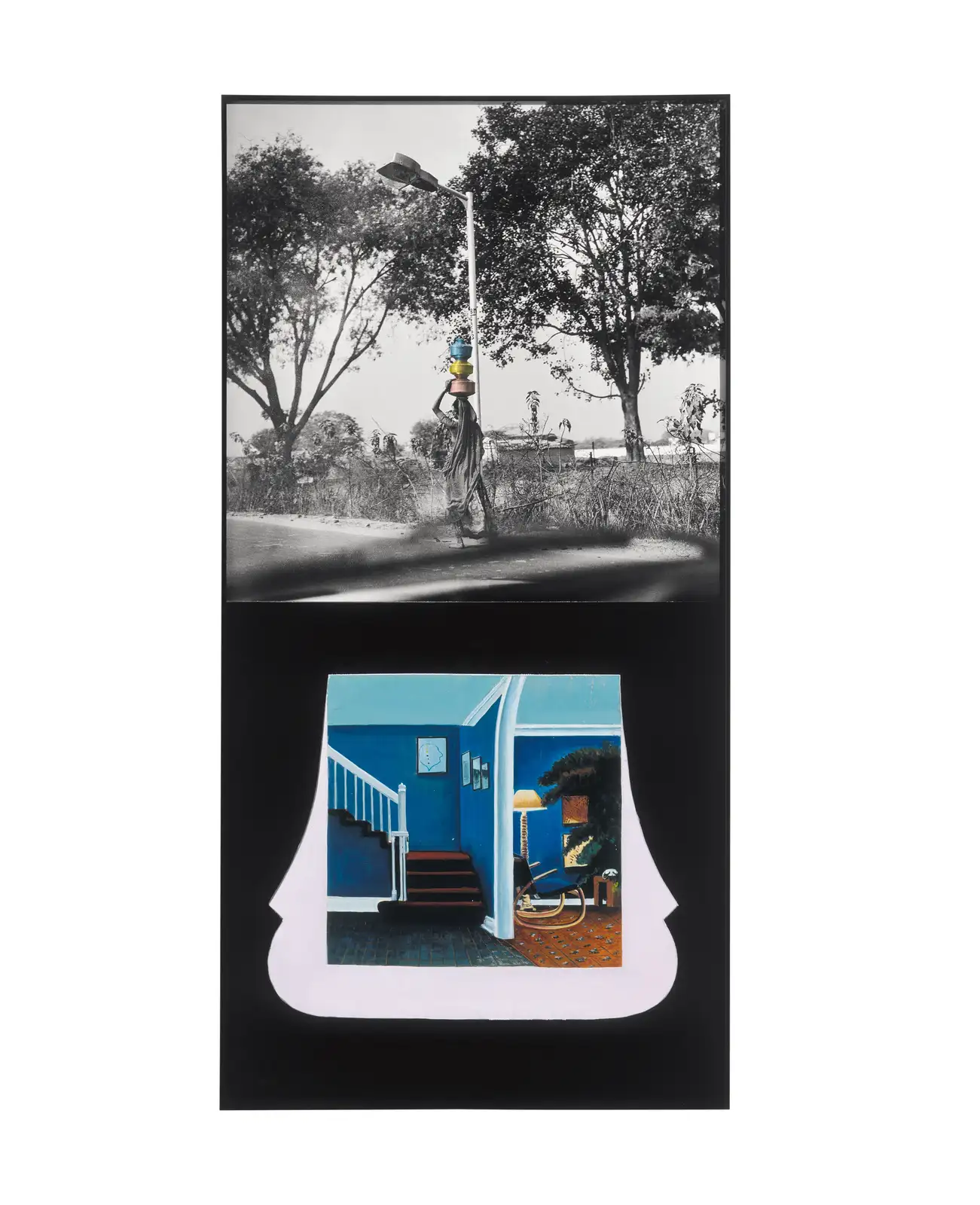 John Baldessari, 'Two Columns (One with Woman)', 1992, One black-and-white photograph with oil tint; oil enamel paint on Masonite (mounted on Formica) 127.6 x 64.1 cm | 50 1/4 x 25 1/4 inches (framed)