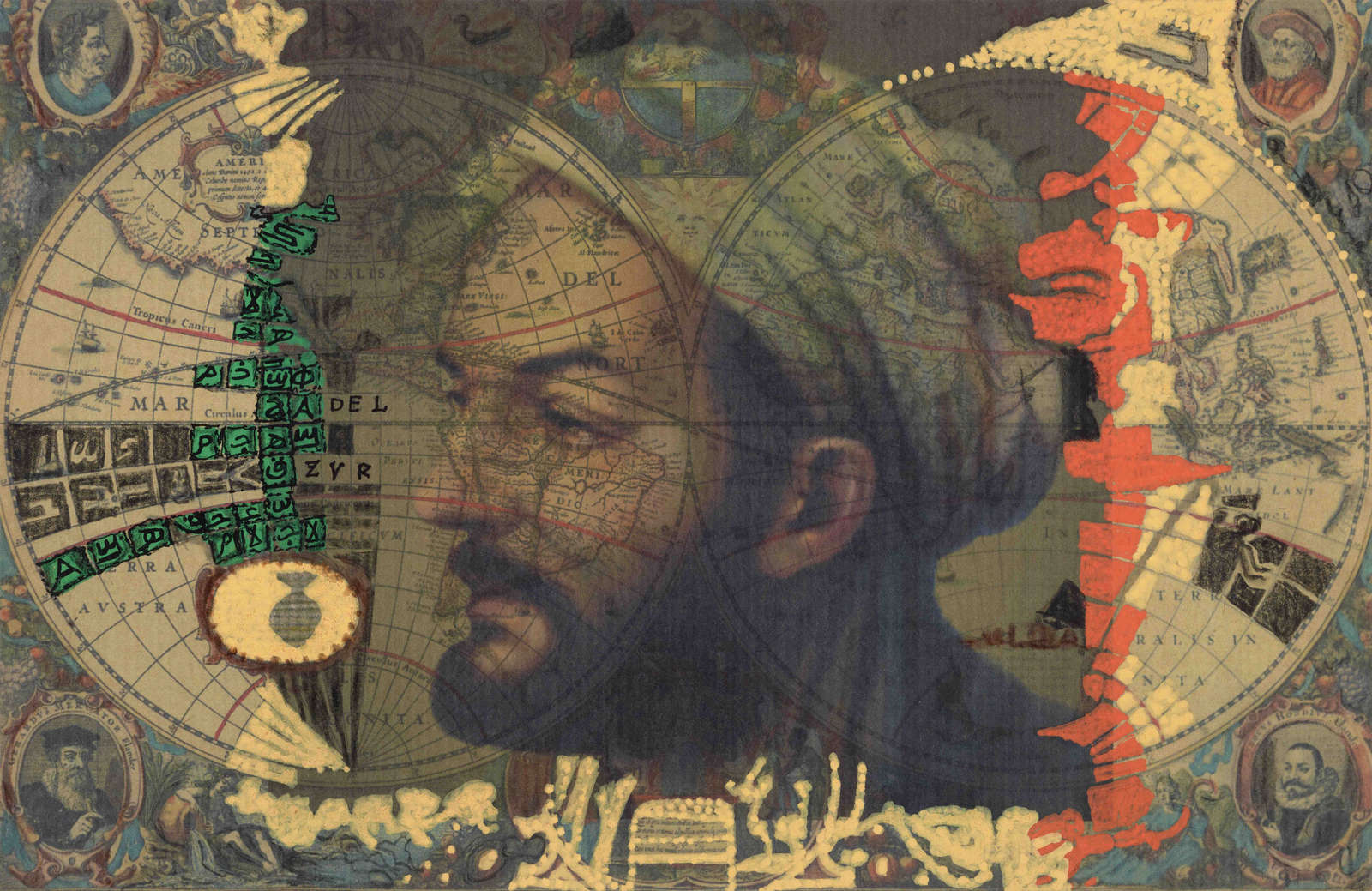 Fathi Hassan, 'Trail Blazers (Al Idrisi)', 2023. Mixed media on paper, 40 x 30cm.