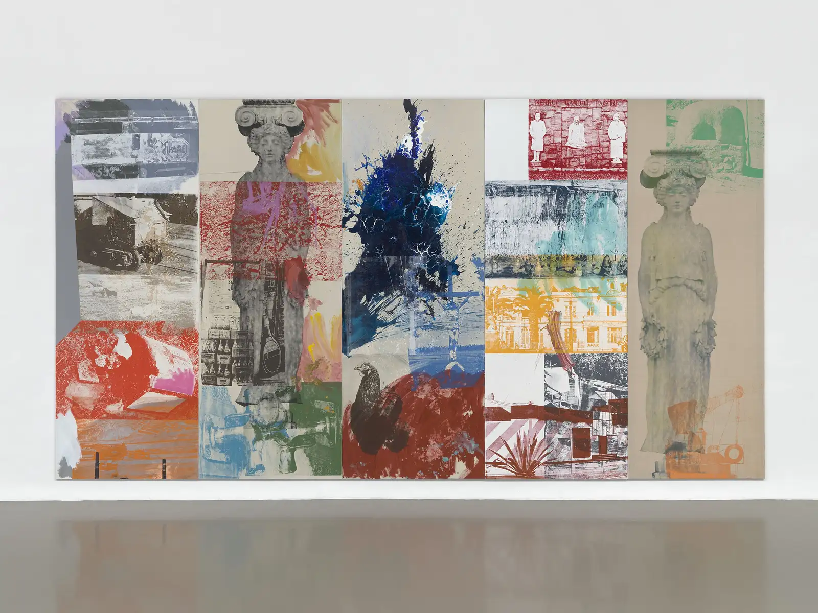 Robert Rauschenberg, 'Caryatid Cavalcade I / ROCI CHILE', 1985. Silkscreen ink, acrylic and graphite on canvas. 352.2 x 655.6 cm. Courtesy Thaddaeus Ropac gallery &copy; Robert Rauschenberg Foundation / ARS, New York 2021.