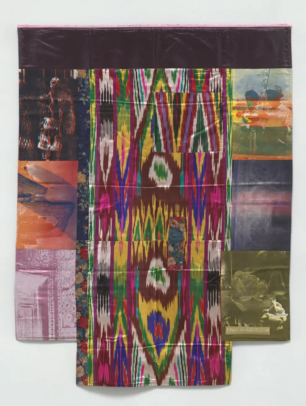 'Samarkand Stitches #III', 1988. Sewn fabric collage with silkscreening, 157.5 x 104.1 cm. Courtesy Thaddaeus Ropac gallery &copy; Robert Rauschenberg Foundation / ARS, New York 2021.