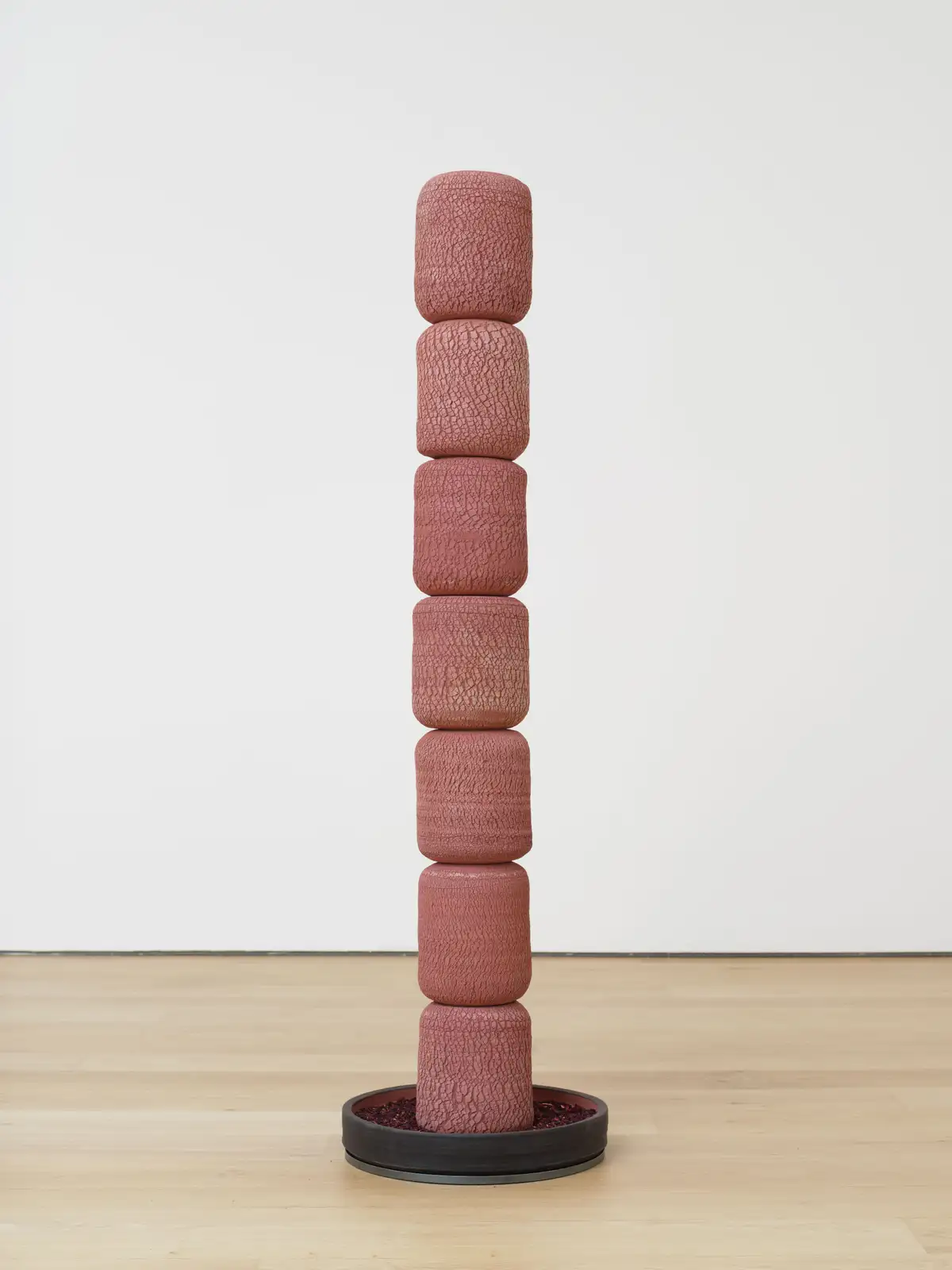 Otobong Nkanga, 'Custodian', 2024. Metal pole with base; ceramic pieces; ceramic bases, pipe insulation, metal ballast, 154 x 42 x 42 cm © Otobong Nkanga, Courtesy Lisson Gallery.