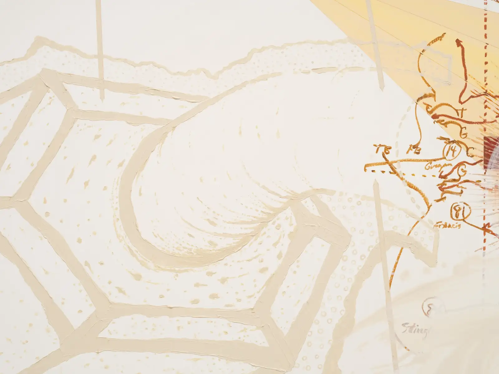 Matthew Barney, 'Field Panel: whiteboard BOLUS', 2023 [Detail]. Oil and acrylic on aluminium, 106.7 x 213.4 x 22.2 cm. Credit: © Matthew Barney. Courtesy the Artist, Gladstone Gallery, Sadie Coles HQ, Regen Projects, and Galerie Max Hetzler. Photo: David Regen.