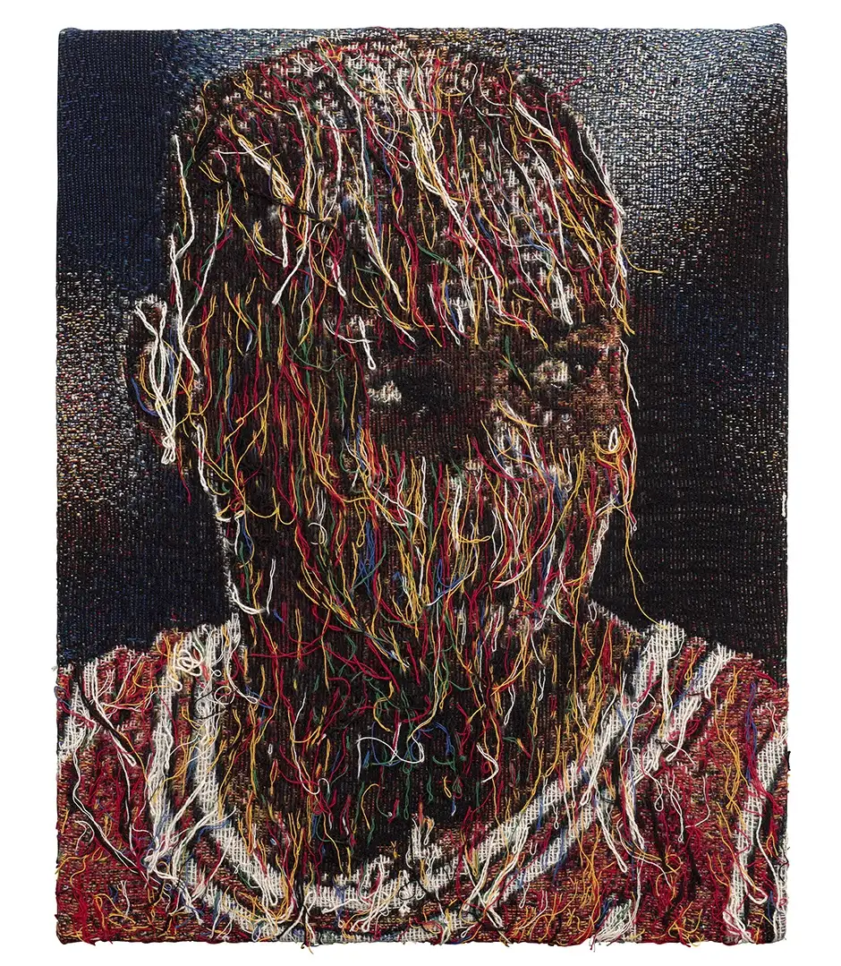 Noel Anderson, 'Michael in Sound Suit', 2019. Distressed, stressed jacquard tapestry mounted on panel, 51.3 x 40.8 cm.