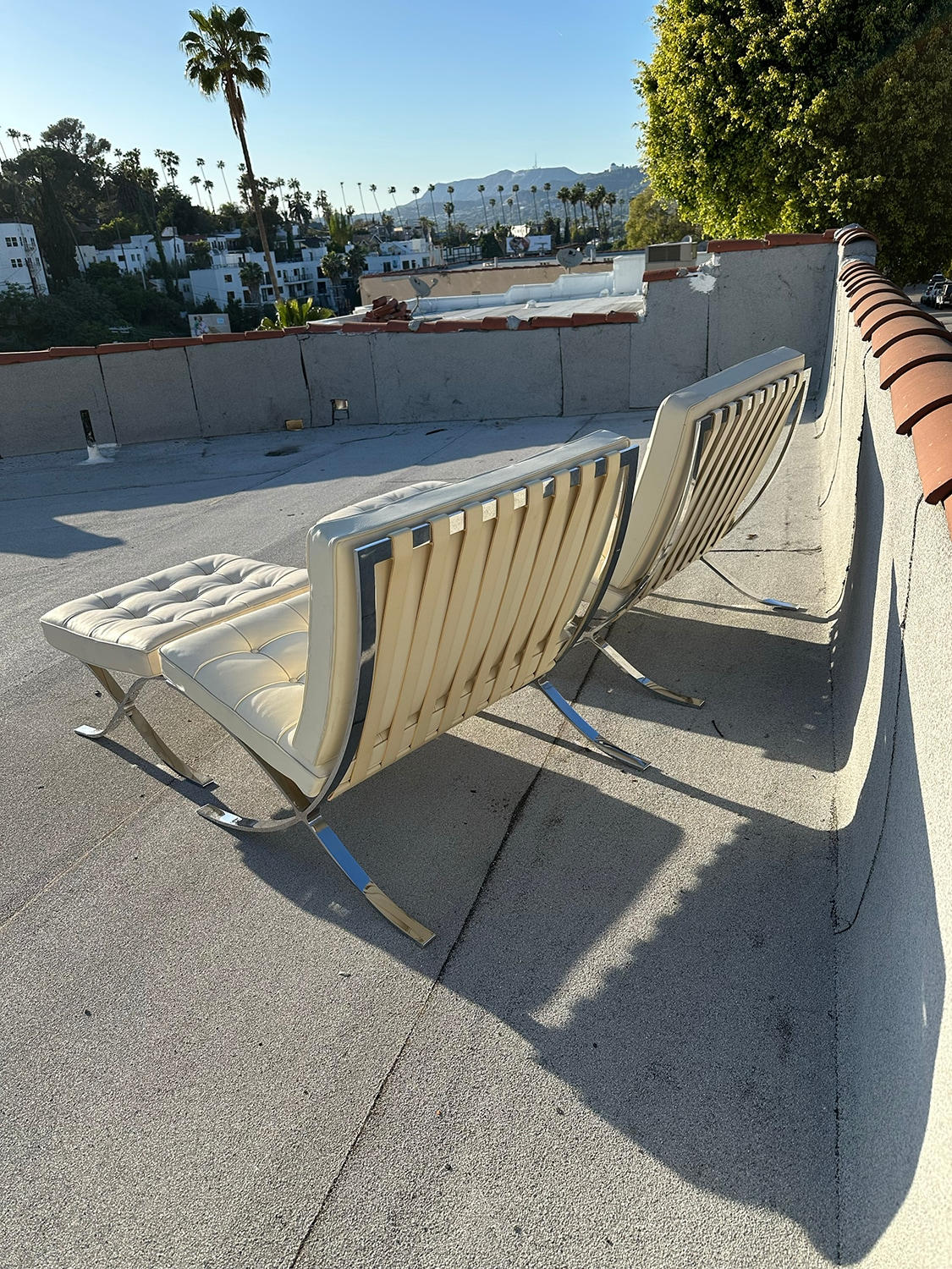 Pair of Barcelona Chairs with Otttomans