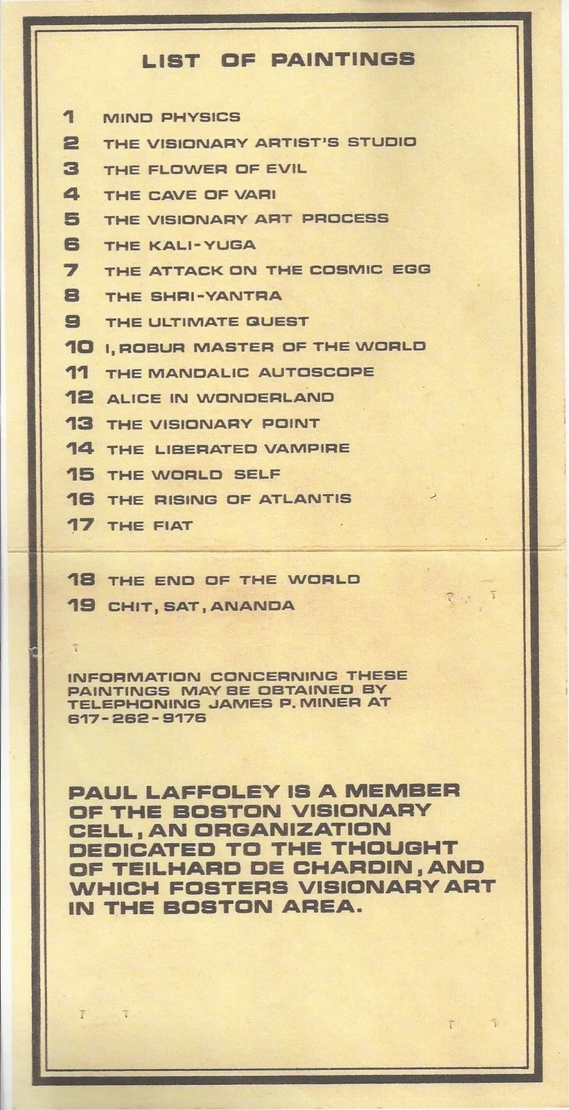 Paul Laffoley, 1971. Playboy Club Checklist