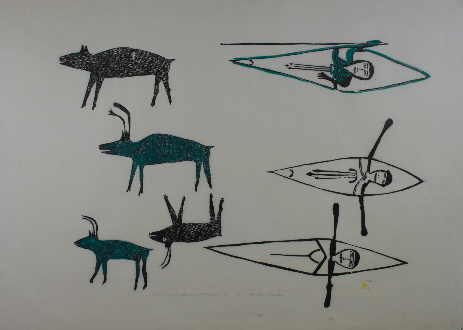 Jessie Oonark, Pursuit With Spears and Kayaks, 1971