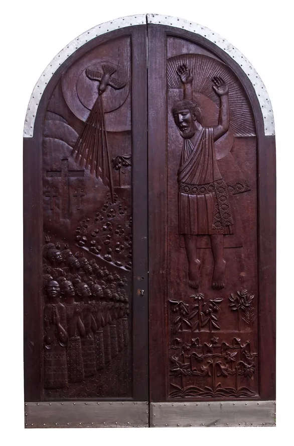 Demas Nwoko, Wooden doors depicting the Crucifixion and Resurrection of Christ: commissioned by the Cathedral Church of Christ , 2015