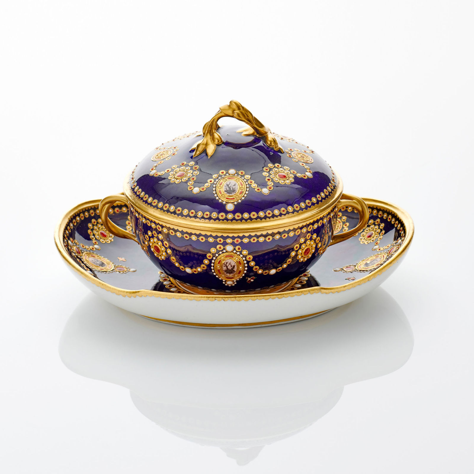 Sèvres Porcelain, A French 18th Century Sèvres Porcelain ‘Jewelled’ Broth Bowl, Cover & Stand, 1781