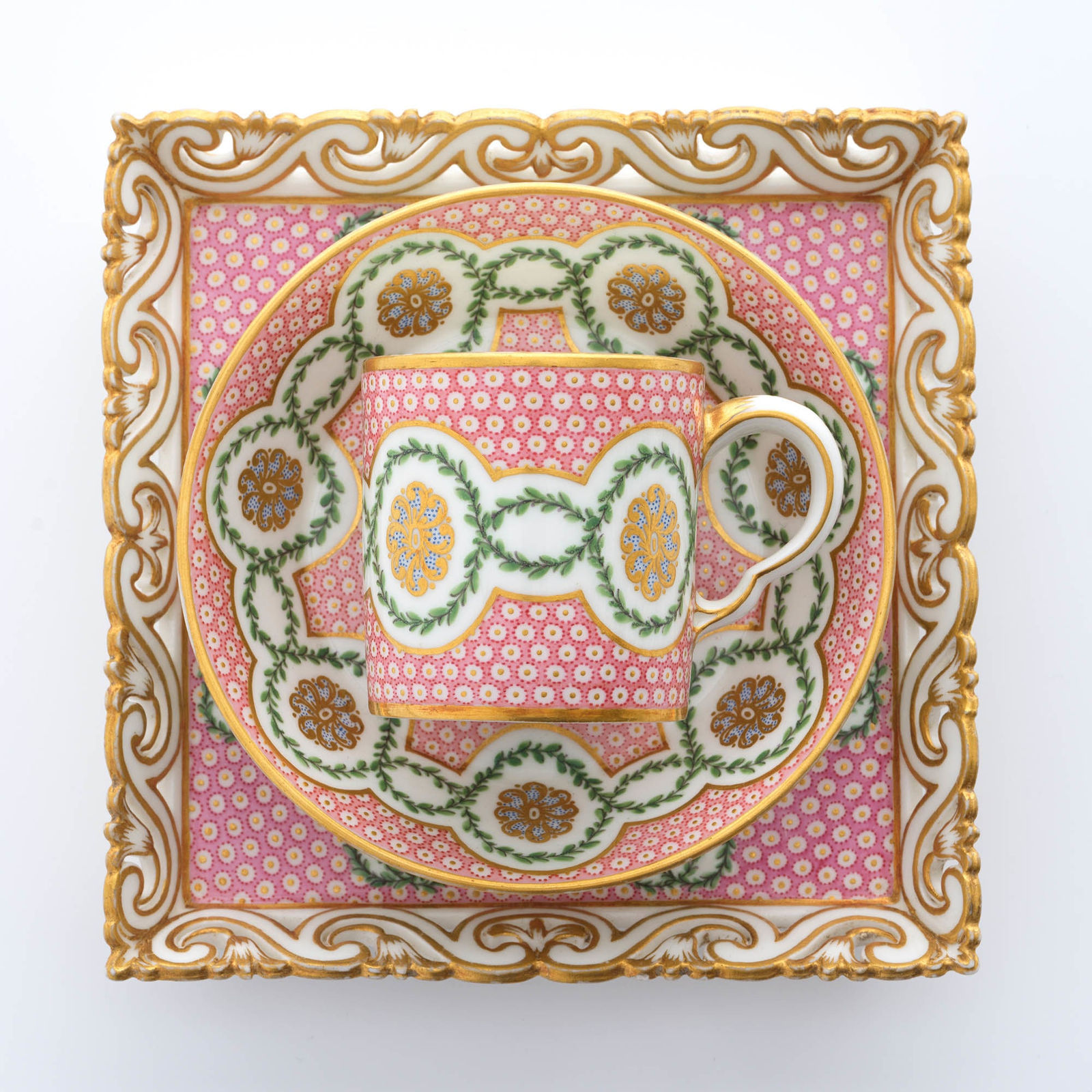 Sèvres Porcelain, A Soft-Paste Sèvres Tea Set with pink fond Taillandier ground, circa 1770