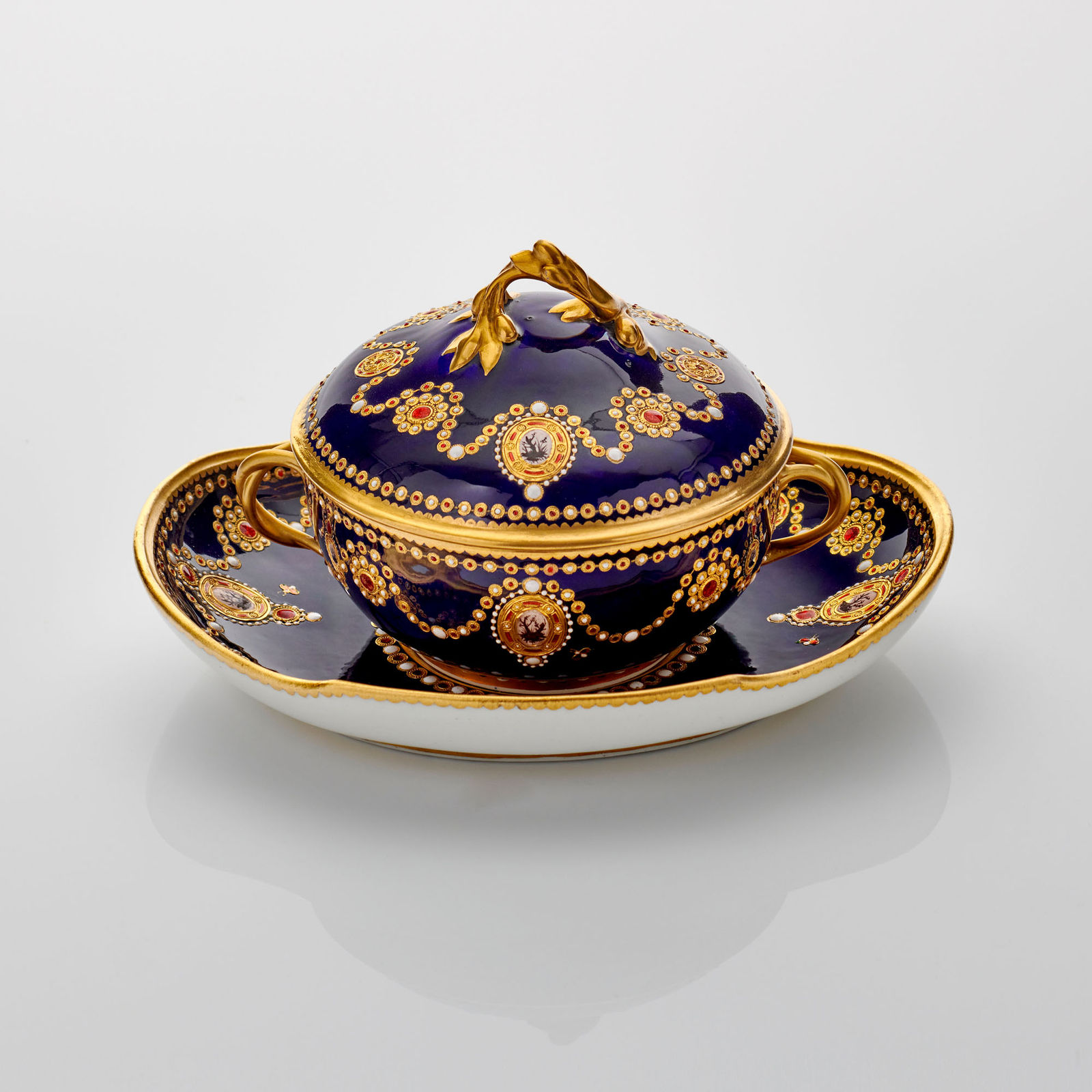 Sèvres Porcelain, A French 18th Century Sèvres Porcelain ‘Jewelled’ Broth Bowl, Cover & Stand, 1781