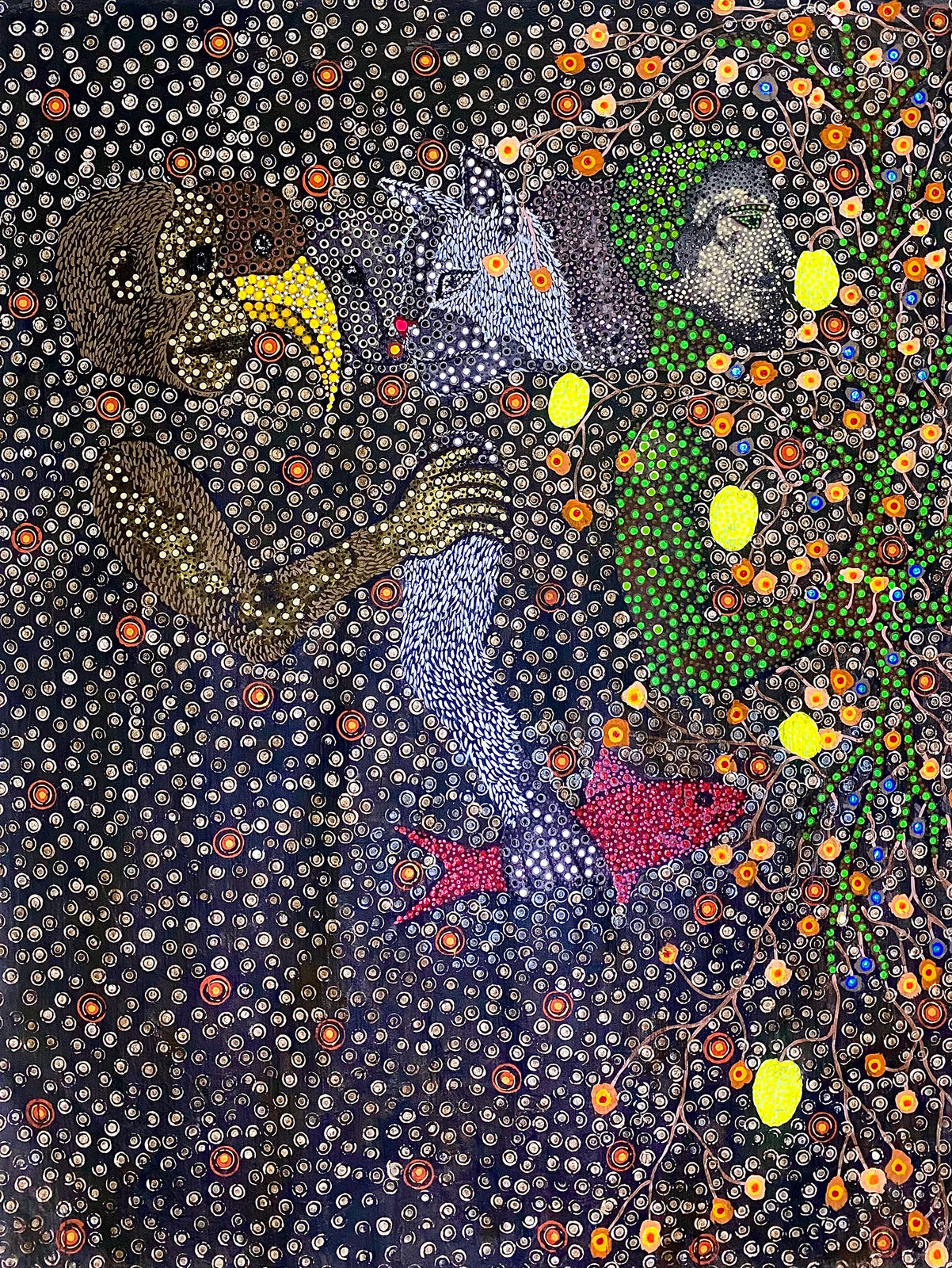 Ousmane Niang painting. Senegalese Artist. Contemporary African art in Paris. AFIKARIS PARIS. Acrylic and pastel on canvas. Pointillism. Anthropomorphic figures.