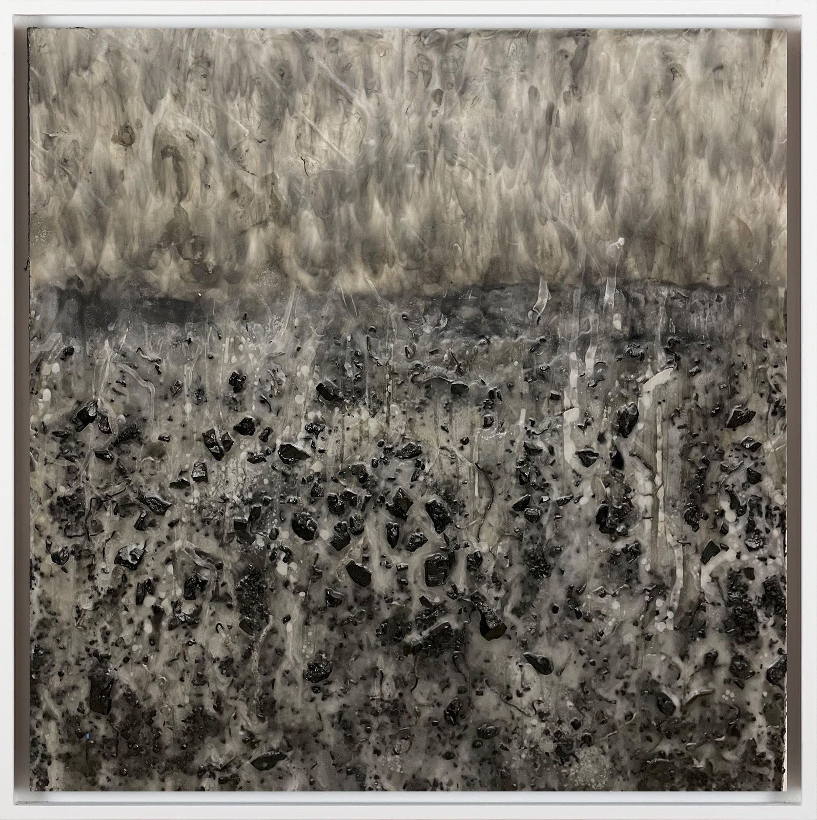 Mouhcine Rahaoui painting. Moroccan Artist. Contemporary African art in Paris. AFIKARIS PARIS. Mixed media (charcoal, wax, glue, plastic, wax, resin) on canvas. Installations. Ready-made. 1-54 London. Art genève 2024