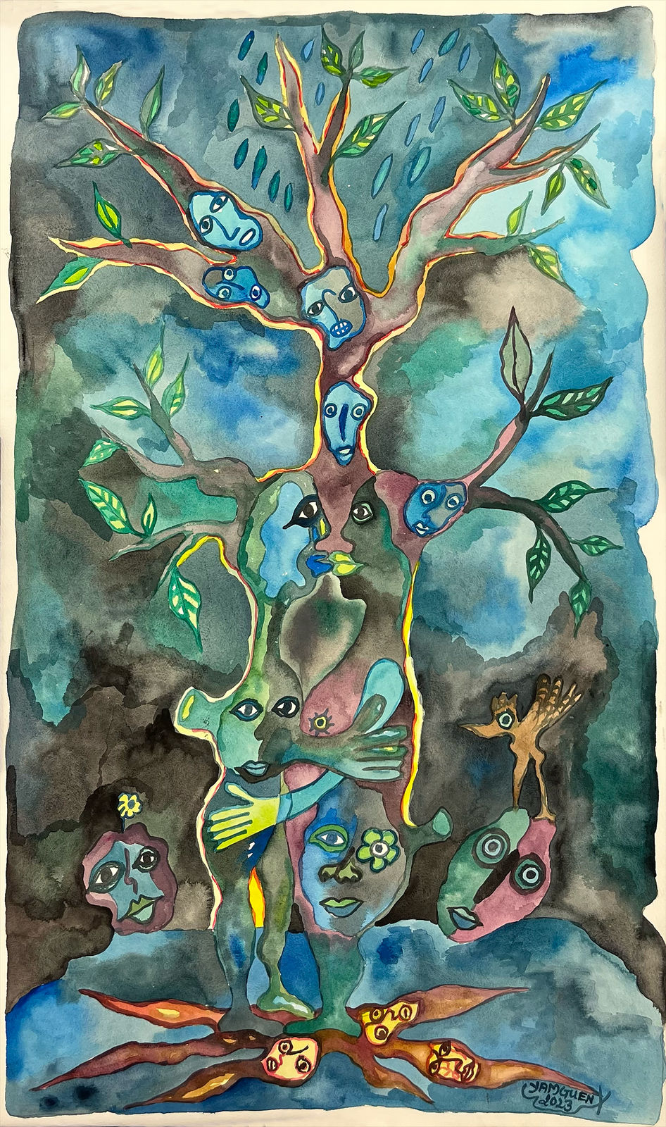 Hervé Yamguen painting. Cameroonian historical Artist. Contemporary African art in Paris. Acrylic on paper. Colorful painting. Abstract Figurative. Cercle Kapsiki.