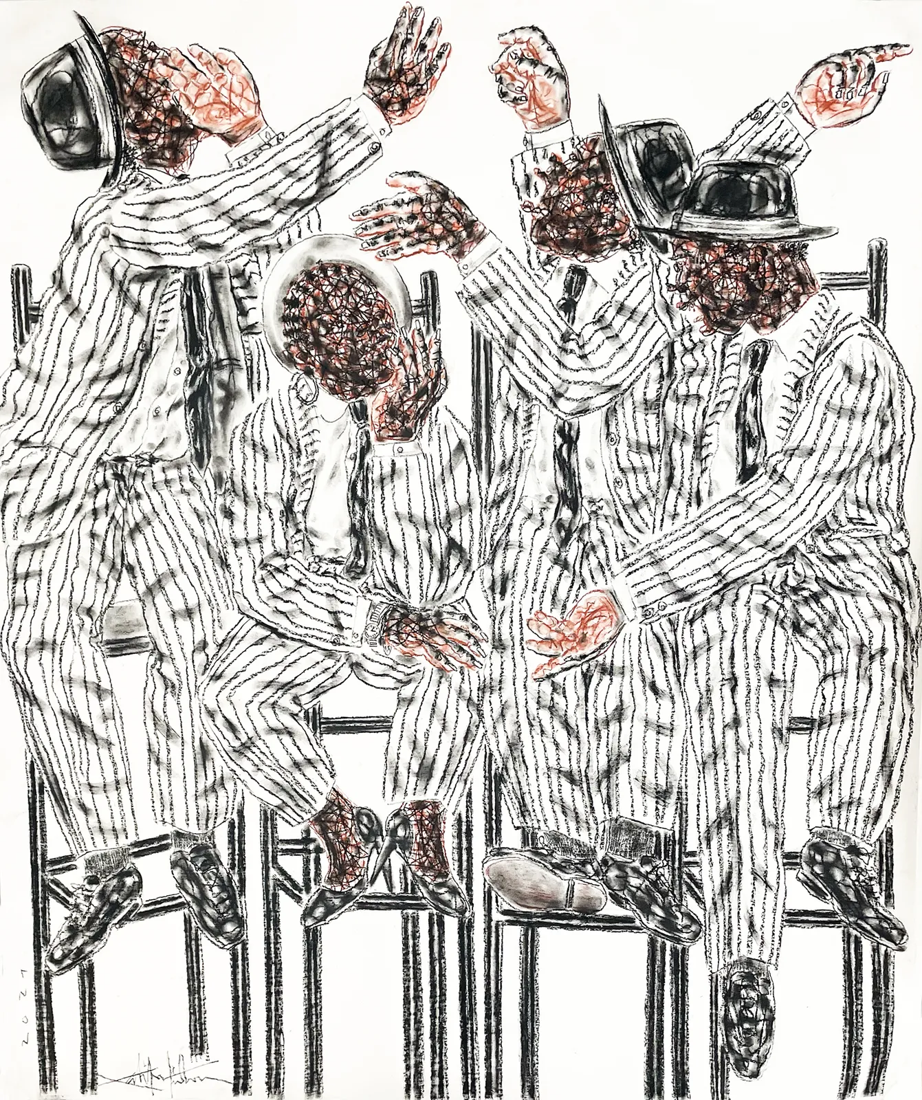 Salifou Lindou painting. Cameroonian Artist. Contemporary African art in Paris. AFIKARIS Gallery Paris. Mixed media on canvas. Figurative portraits. Duality of human beings. Observation of society. Cercle Kapsiki.