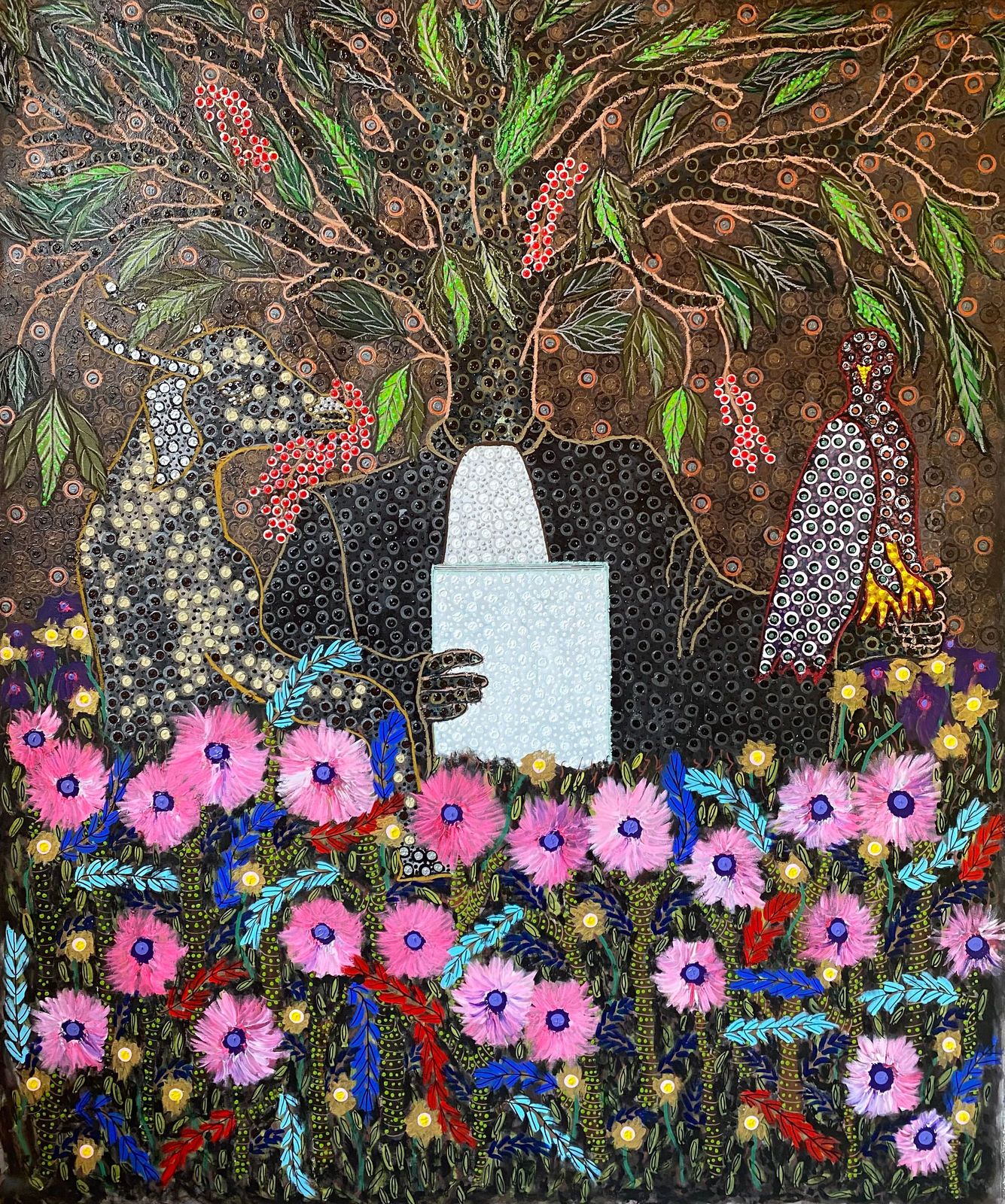 Ousmane Niang painting. Senegalese Artist. Contemporary African art in Paris. AFIKARIS PARIS. Acrylic and pastel on canvas. Pointillism. Anthropomorphic figures. 1-54 London.