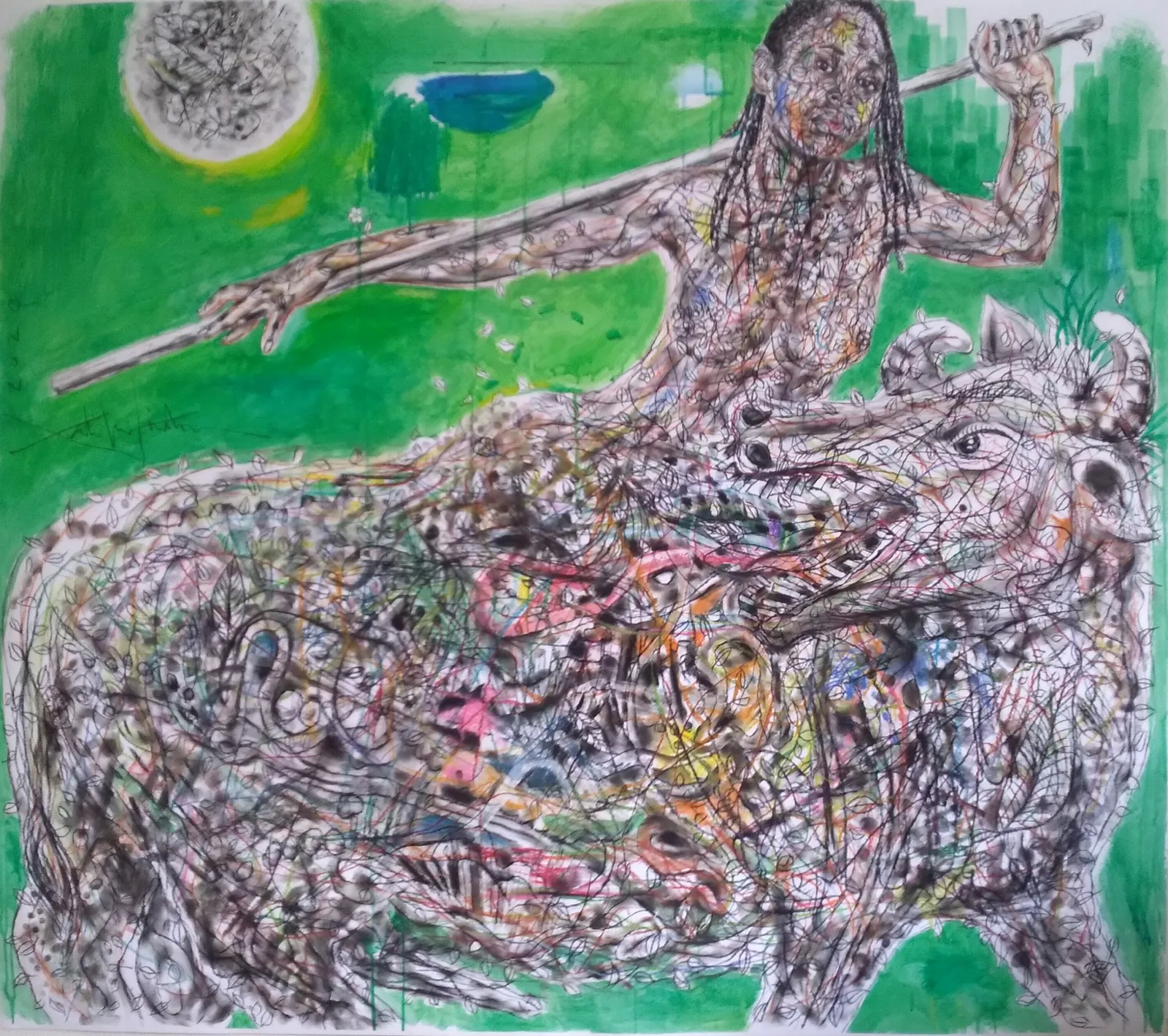 Salifou Lindou painting. Cameroonian Artist. Contemporary African art in Paris. AFIKARIS Gallery Paris. Mixed media on canvas. Figurative portraits. Duality of human beings. Observation of society. Cercle Kapsiki.