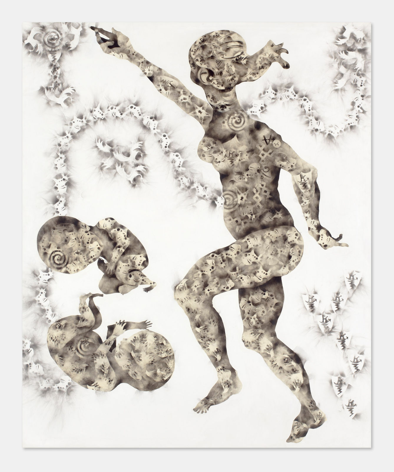 Géraldine Tobe painting. Congolese Artist. Contemporary African art in Paris. AFIKARIS PARIS. Smoke on canvas. Figurative painting. Black and white. Spiritual artworks. Feminist artist. Art Contemporain Africain