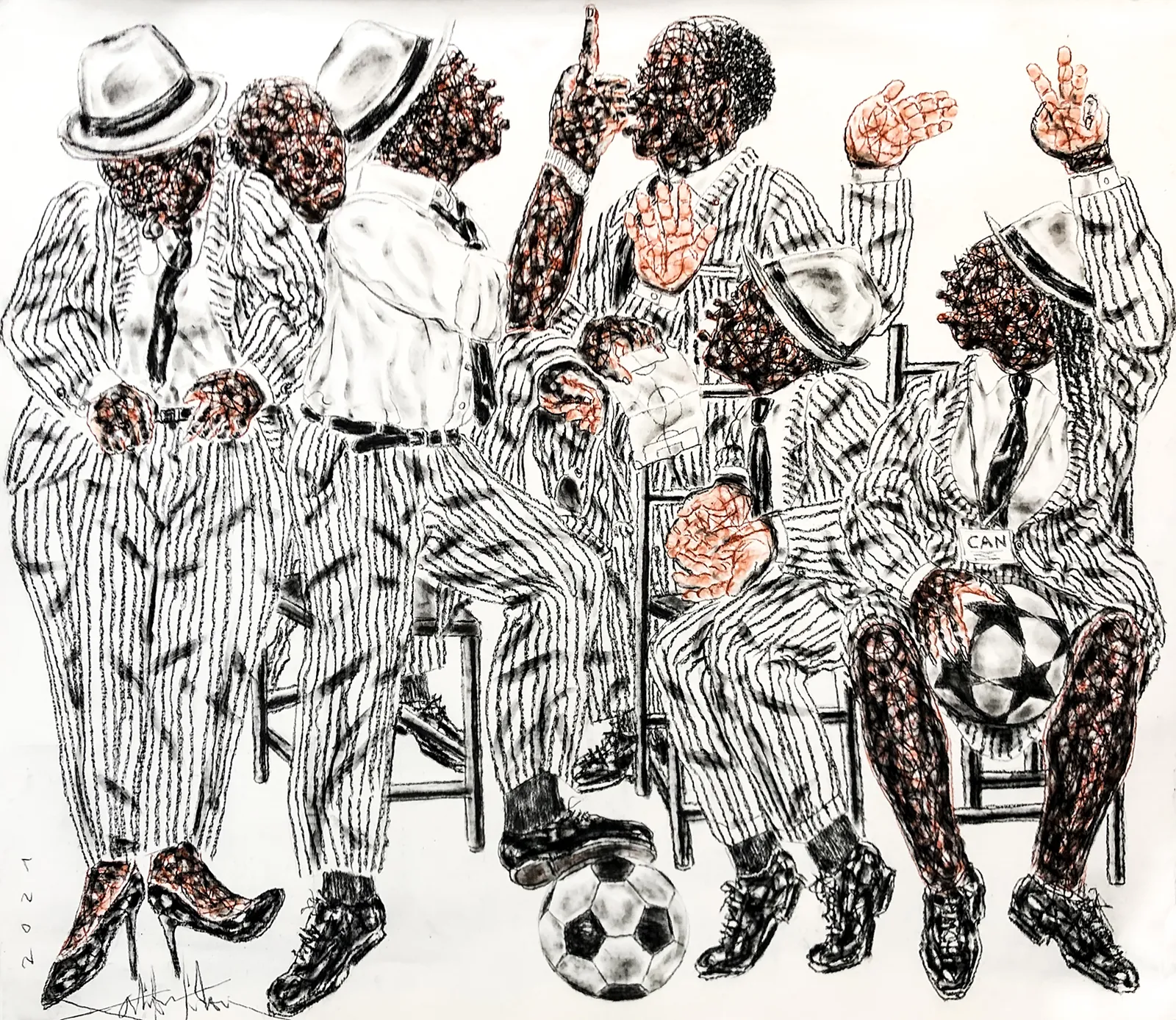 Salifou Lindou painting. Cameroonian Artist. Contemporary African art in Paris. AFIKARIS Gallery Paris. Mixed media on canvas. Figurative portraits. Duality of human beings. Observation of society. Cercle Kapsiki.