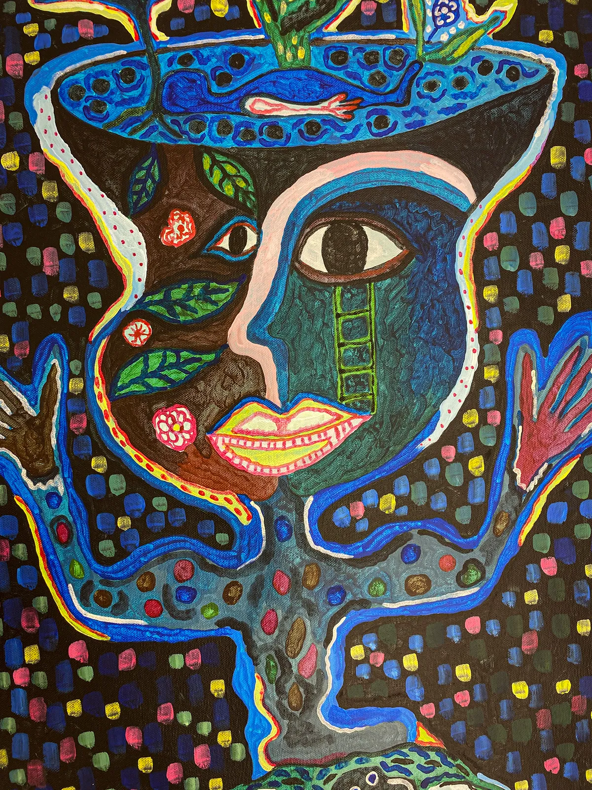 Hervé Yamguen painting. Cameroonian historical Artist. Contemporary African art in Paris. Acrylic on paper. Colorful painting. Abstract Figurative. Cercle Kapsiki.
