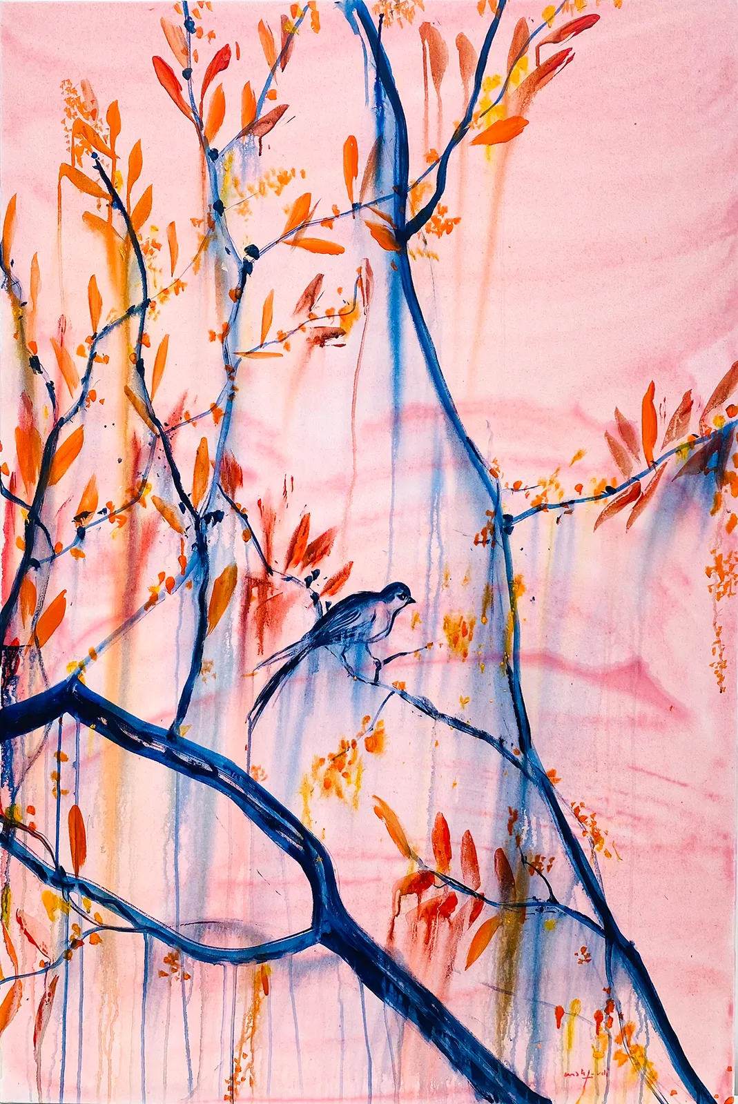 Omar Mahfoudi bleue bird bleue tree.Omar Mahfoudi painting. Moroccan Artist. Contemporary African art in Paris. AFIKARIS Gallery. Acrylic and ink on paper and canvas. Figurative. Abstraction. Cinematic paintings.