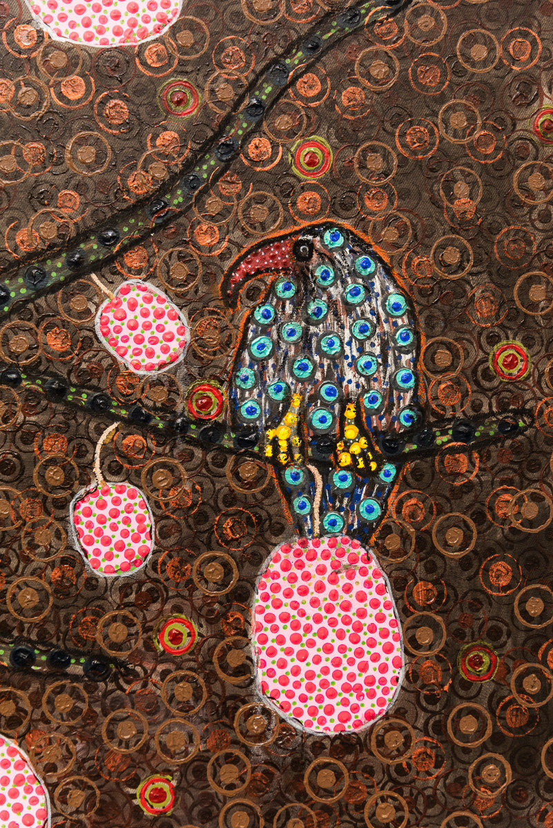 Ousmane Niang painting. Senegalese Artist. Contemporary African art in Paris. AFIKARIS PARIS. Acrylic and pastel on canvas. Pointillism. Anthropomorphic figures.