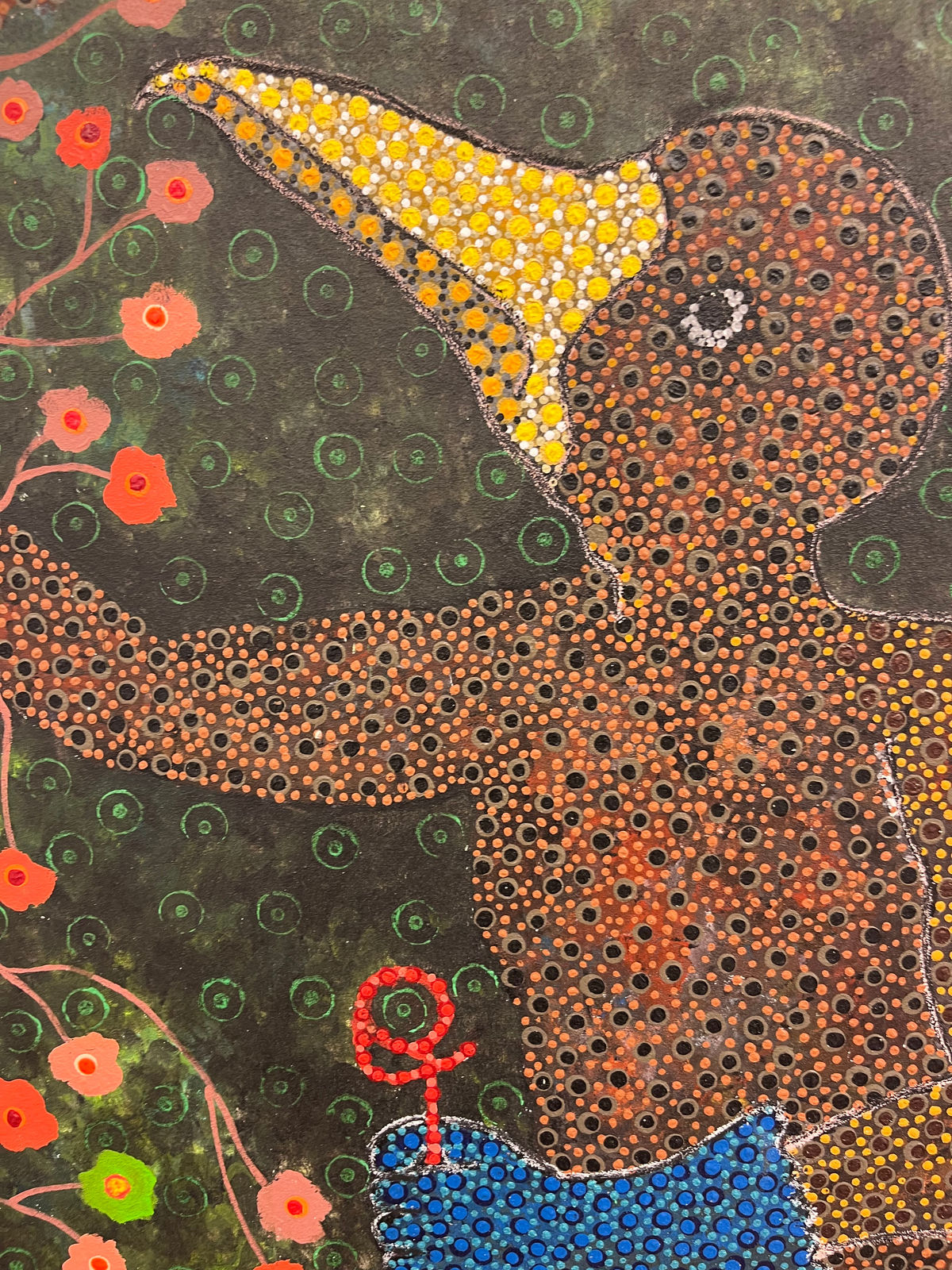 Ousmane Niang painting. Senegalese Artist. Contemporary African art in Paris. AFIKARIS PARIS. Acrylic and pastel on canvas. Pointillism. Anthropomorphic figures.