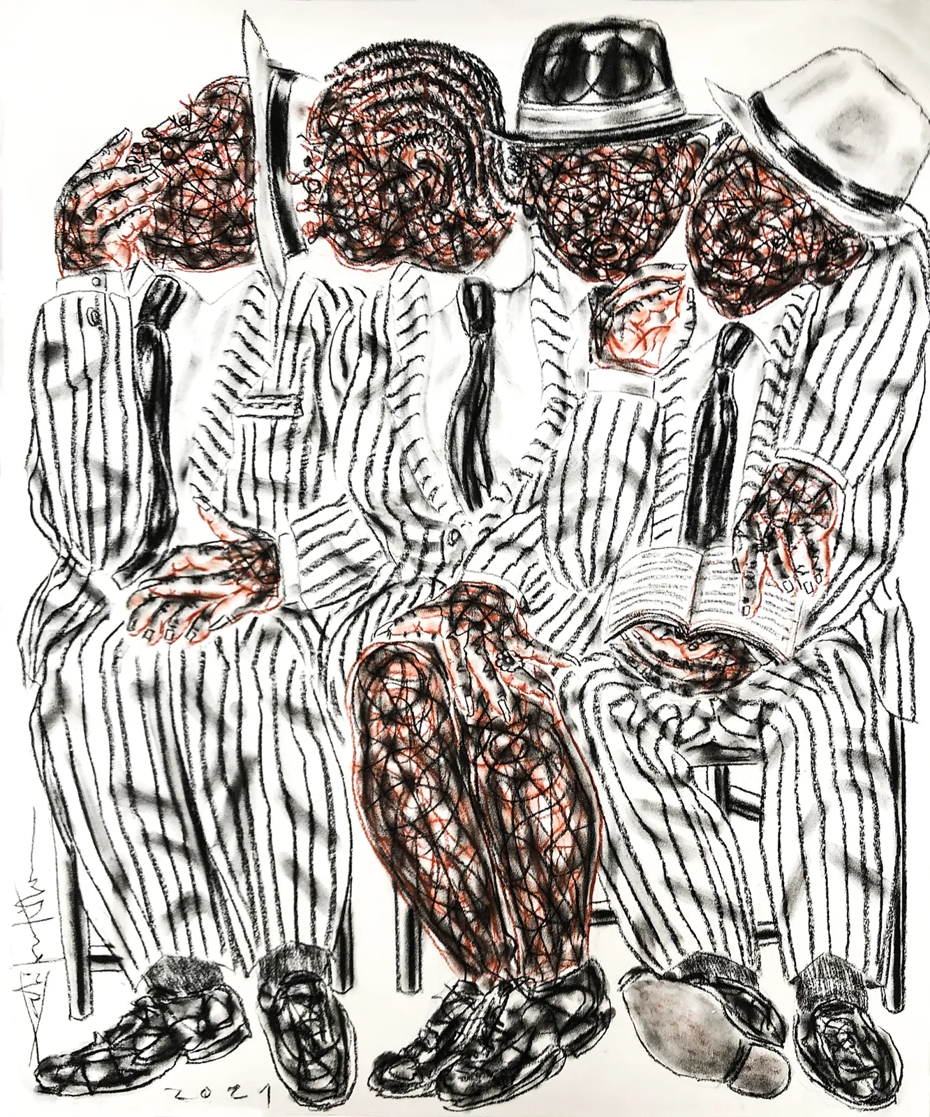 Salifou Lindou painting. Cameroonian Artist. Contemporary African art in Paris. AFIKARIS Gallery Paris. Mixed media on canvas. Figurative portraits. Duality of human beings. Observation of society. Cercle Kapsiki.