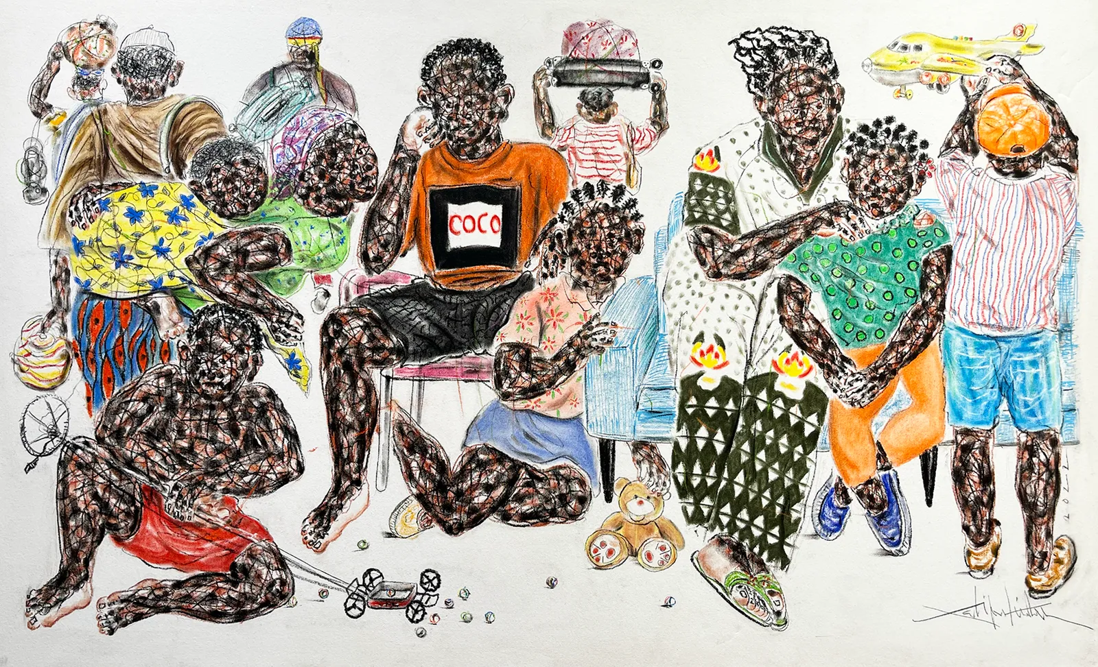 Salifou Lindou painting. Cameroonian Artist. Contemporary African art in Paris. AFIKARIS Gallery Paris. Mixed media on canvas. Figurative portraits. Duality of human beings. Observation of society. Cercle Kapsiki.