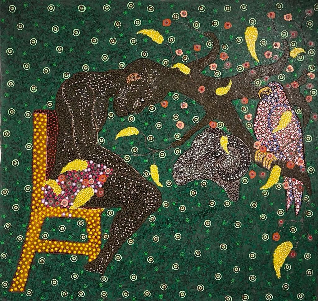 Ousmane Niang painting. Senegalese Artist. Contemporary African art in Paris. AFIKARIS PARIS. Acrylic and pastel on canvas. Pointillism. Anthropomorphic figures. Untitled art miami.