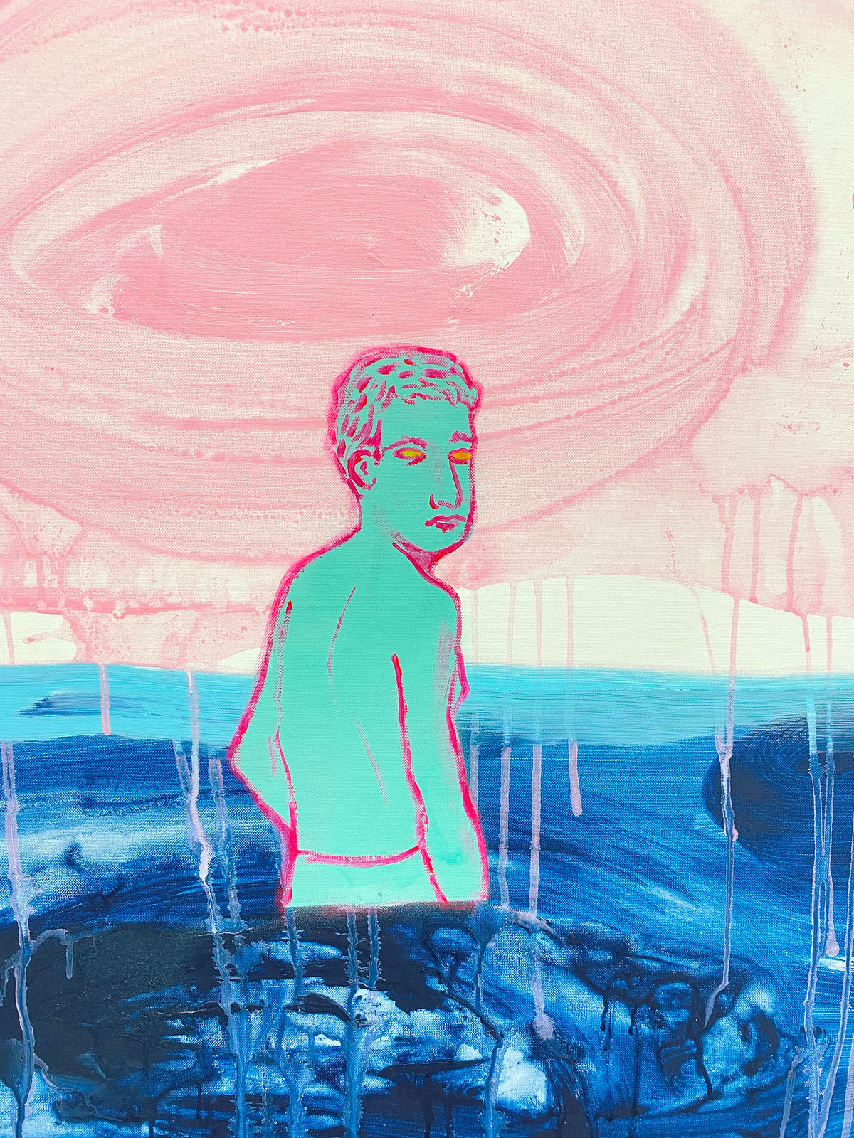 Omar Mahfoudi painting. Moroccan Artist. Contemporary art. Acrylic and ink on paper and canvas. Figurative. Abstraction. Cinematic paintings. Dreamy. Bold colours.