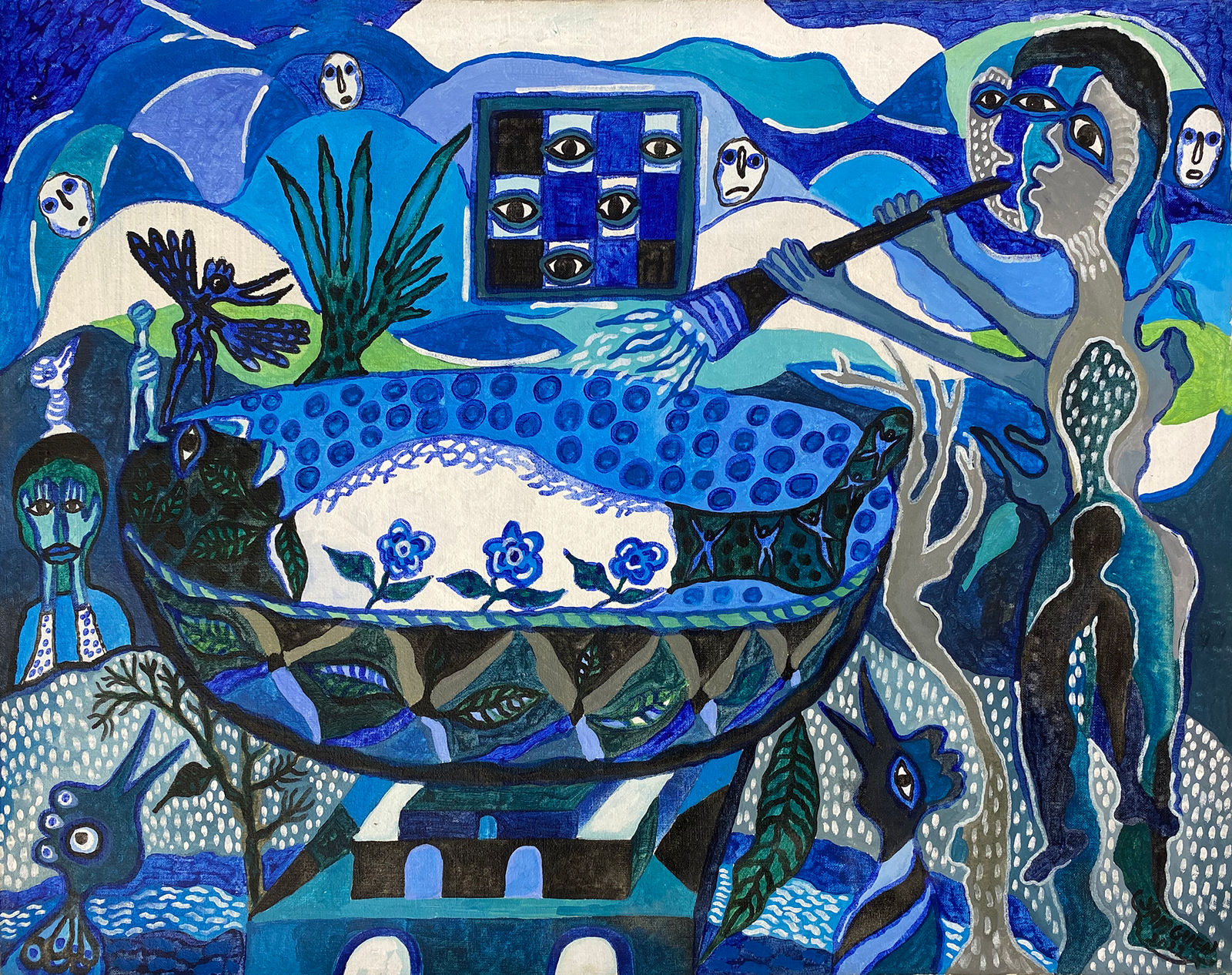 Hervé Yamguen painting. Cameroonian historical Artist. Contemporary African art in Paris. Acrylic on paper. Blue painting. Abstract Figurative. Cercle Kapsiki.