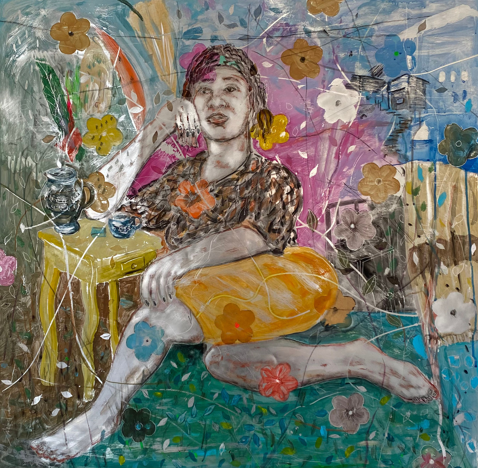 Salifou Lindou painting. Cameroonian Artist. Contemporary African art in Paris. AFIKARIS Gallery Paris. Mixed media on canvas. Figurative portraits. Duality of human beings. Observation of society. Cercle Kapsiki.