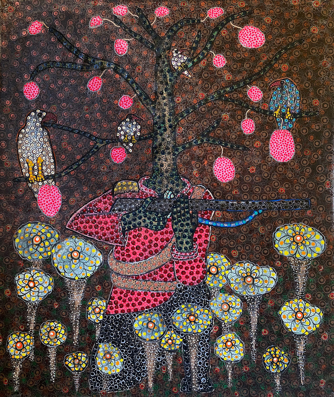 Ousmane Niang painting. Senegalese Artist. Contemporary African art in Paris. AFIKARIS PARIS. Acrylic and pastel on canvas. Pointillism. Anthropomorphic figures.