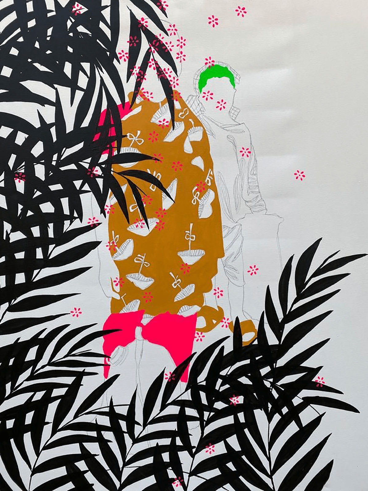 Moutsapha Baidi Oumarou painting. Cameroonian Artist. Contemporary art. Acrylic and pen on canvas. Flamboyant hues and monochrome background. Bold colours. Daily-life scenes.