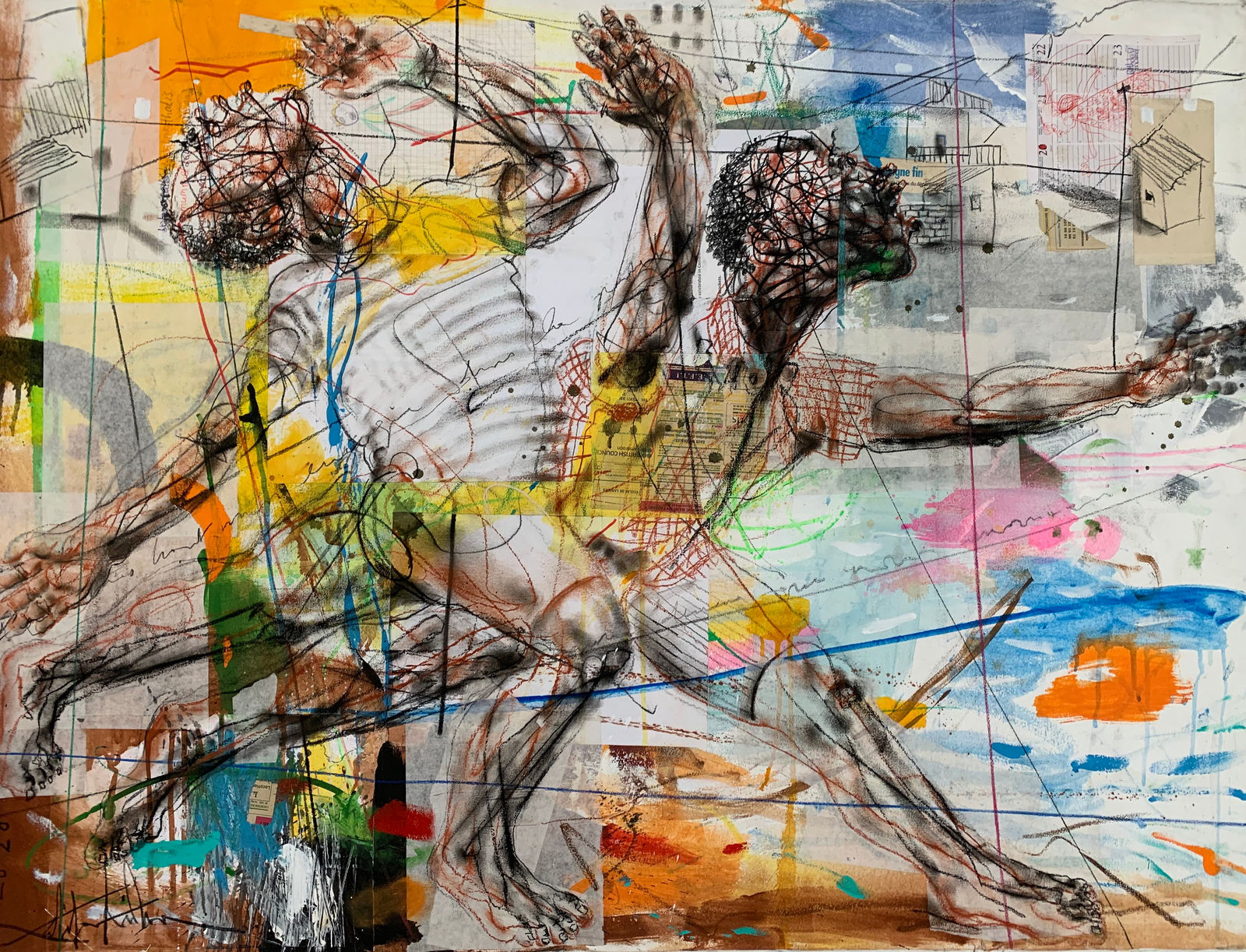 Salifou Lindou painting. Cameroonian Artist. Contemporary African art in Paris. AFIKARIS Gallery Paris. Mixed media on canvas. Figurative portraits. Duality of human beings. Observation of society. Cercle Kapsiki.