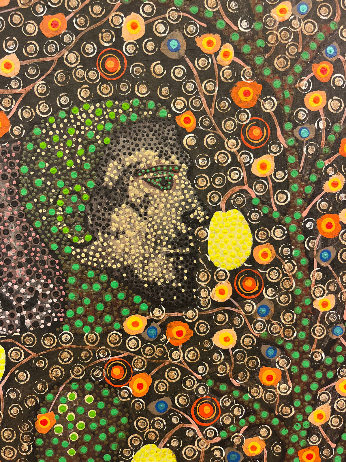 Ousmane Niang painting. Senegalese Artist. Contemporary African art in Paris. AFIKARIS PARIS. Acrylic and pastel on canvas. Pointillism. Anthropomorphic figures.