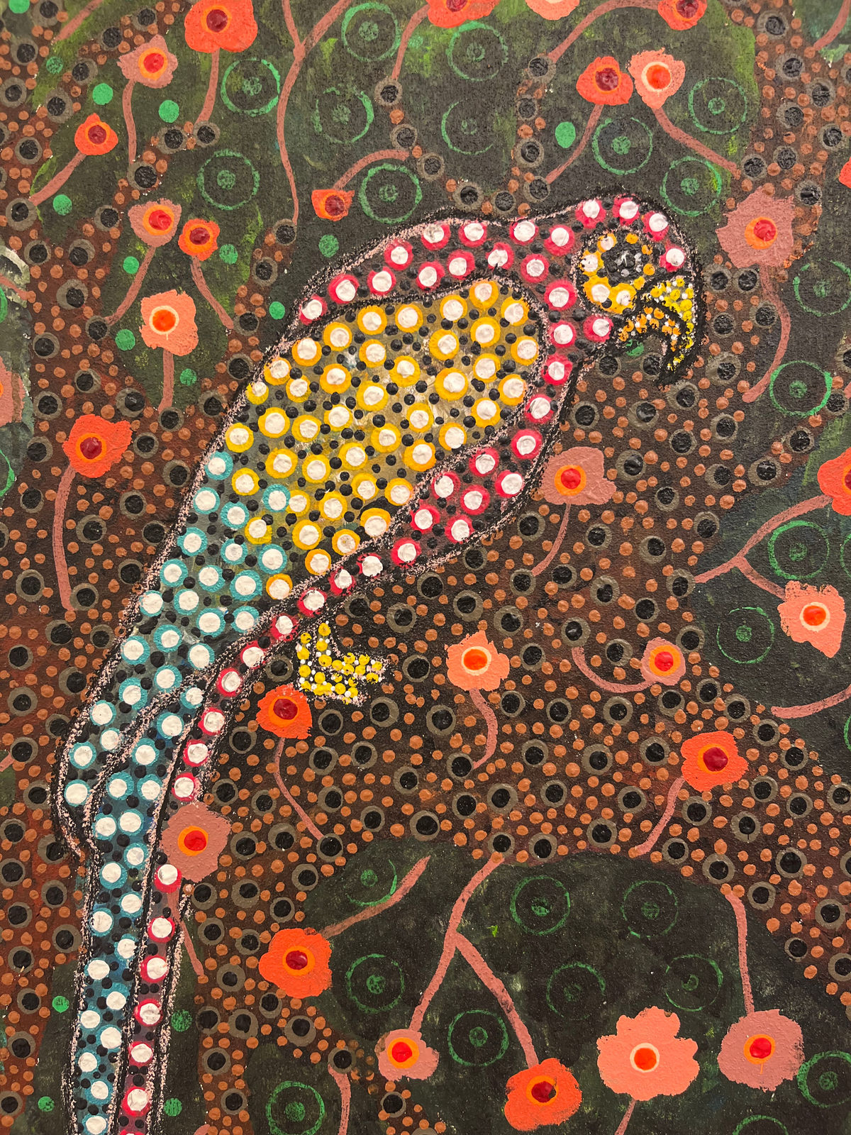 Ousmane Niang painting. Senegalese Artist. Contemporary African art in Paris. AFIKARIS PARIS. Acrylic and pastel on canvas. Pointillism. Anthropomorphic figures.