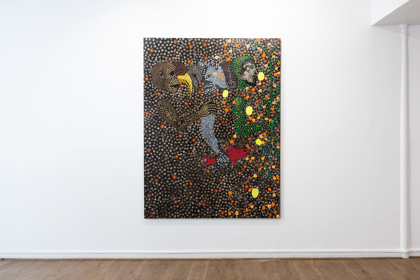 Ousmane Niang painting. Senegalese Artist. Contemporary African art in Paris. AFIKARIS PARIS. Acrylic and pastel on canvas. Pointillism. Anthropomorphic figures.